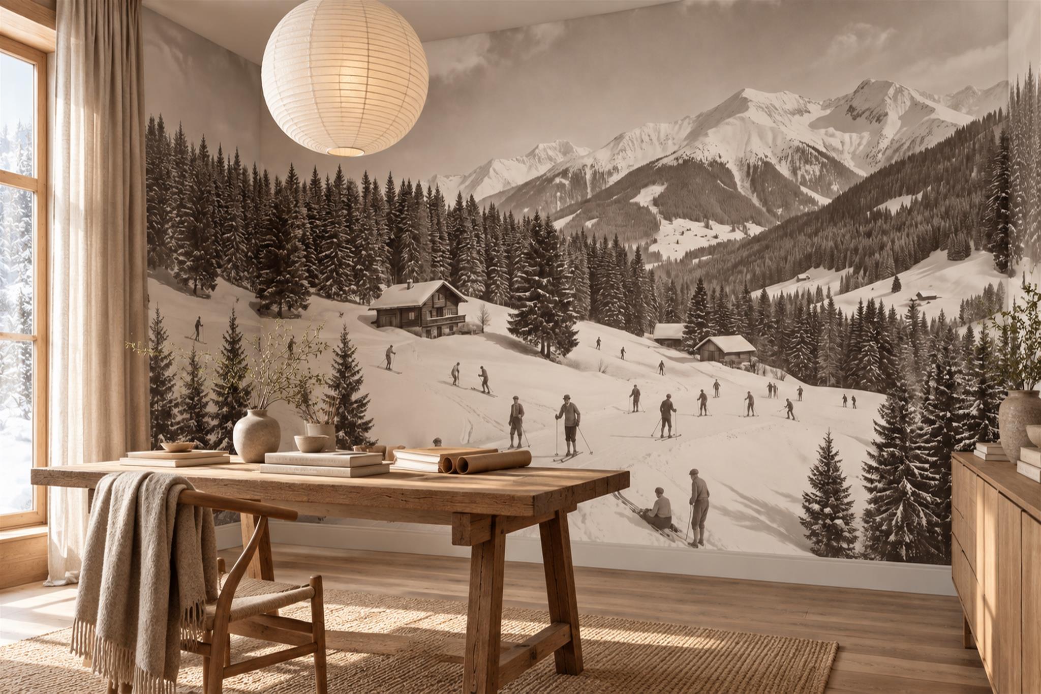 Sepia Pattern Decorative Painterly Wallpaper Mural Home-office-wallpaper-murals, Shown In A Home Office, Peel-and-stick Finish