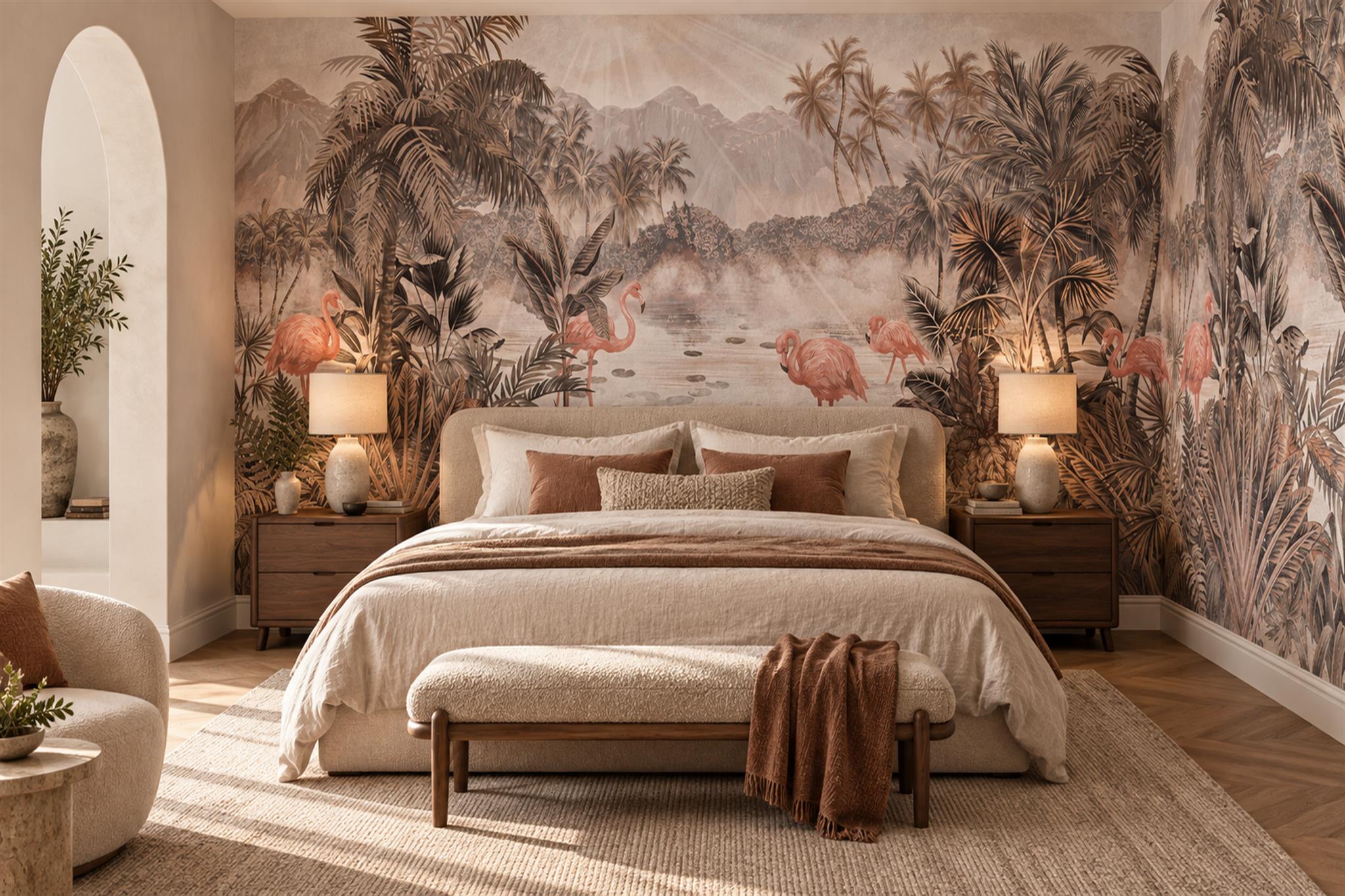Flamingos In A Misty Tropical Lagoon Wallpaper Mural — Installed Wallpaper Mural In A Bedroom, Peel-and-stick Finish