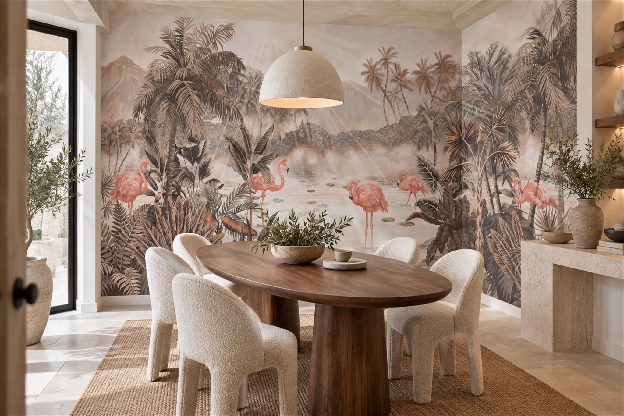 Pink Pattern Decorative Wallpaper Mural Layered Organic Forms Wallpaper Dining-room-wallpaper-murals, Shown In A Dining Room, Peel-and-stick Finish