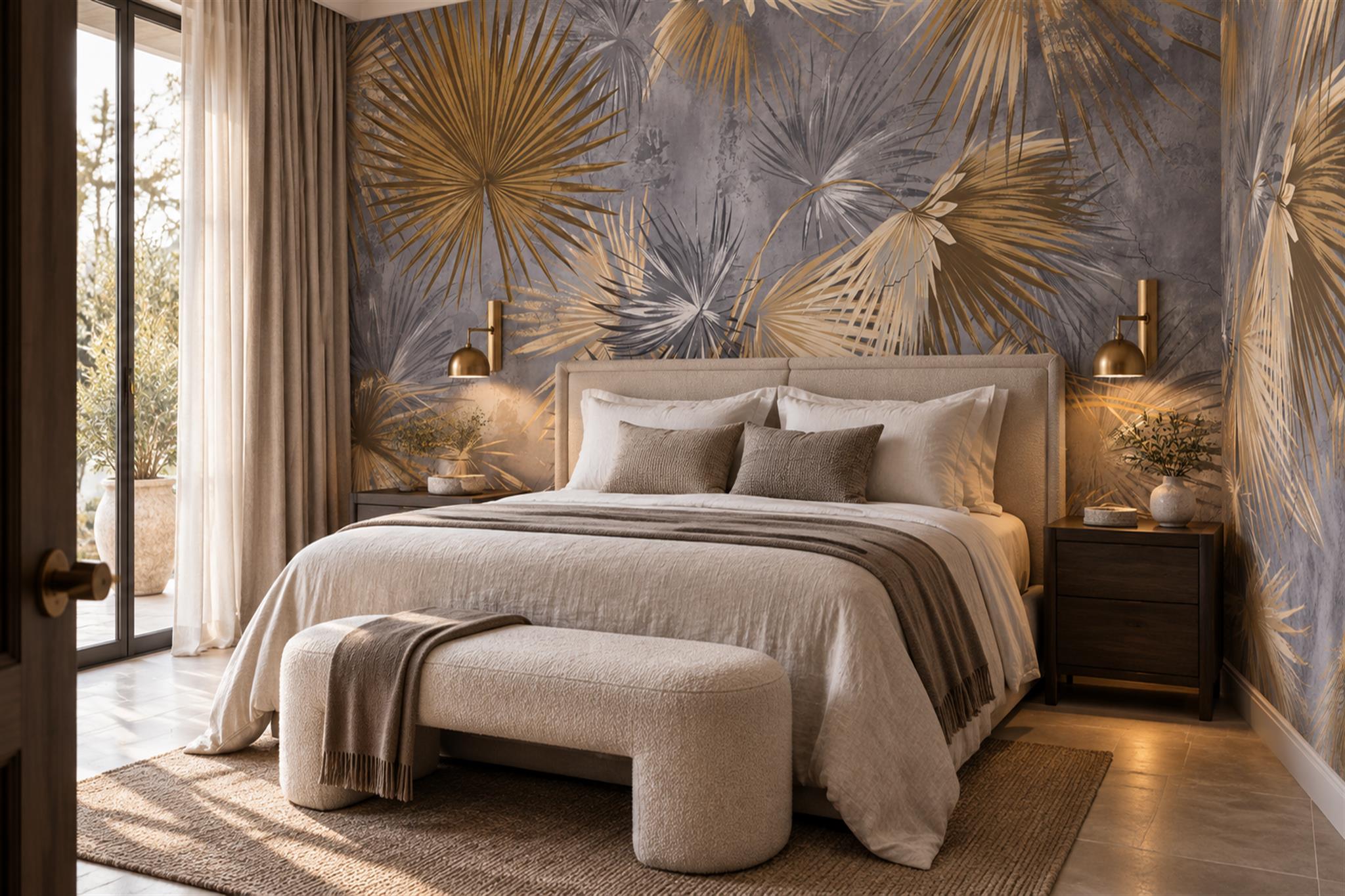 Gold Palm Artful Tropical Wallpaper Mural Bedroom-wallpaper-murals, Peel-and-stick Finish
