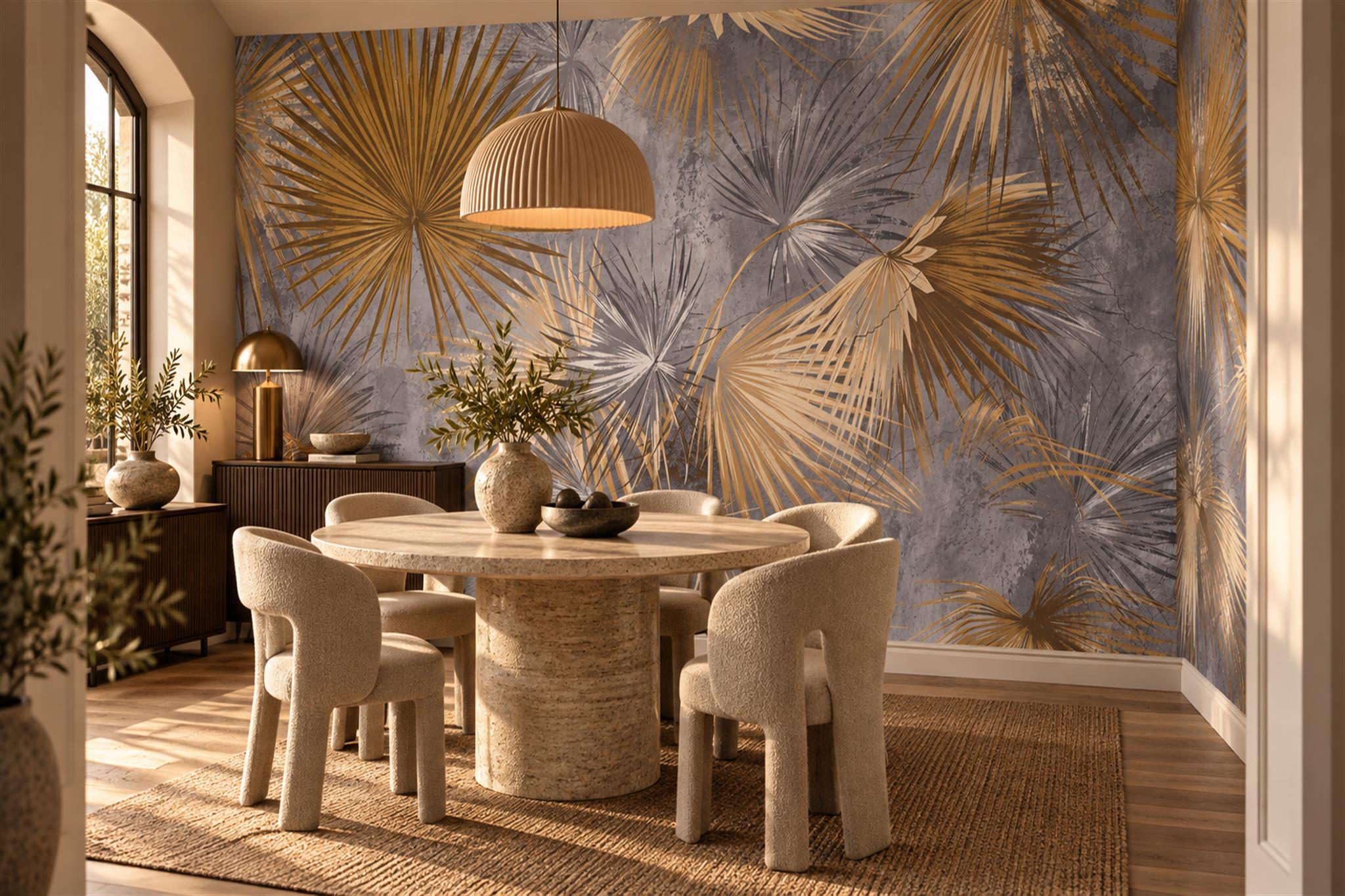 Gold And Silver Fan Palm Leaves On Textured Grey Wallpaper Mural — Wallpaper Mural Design, Peel-and-stick Finish