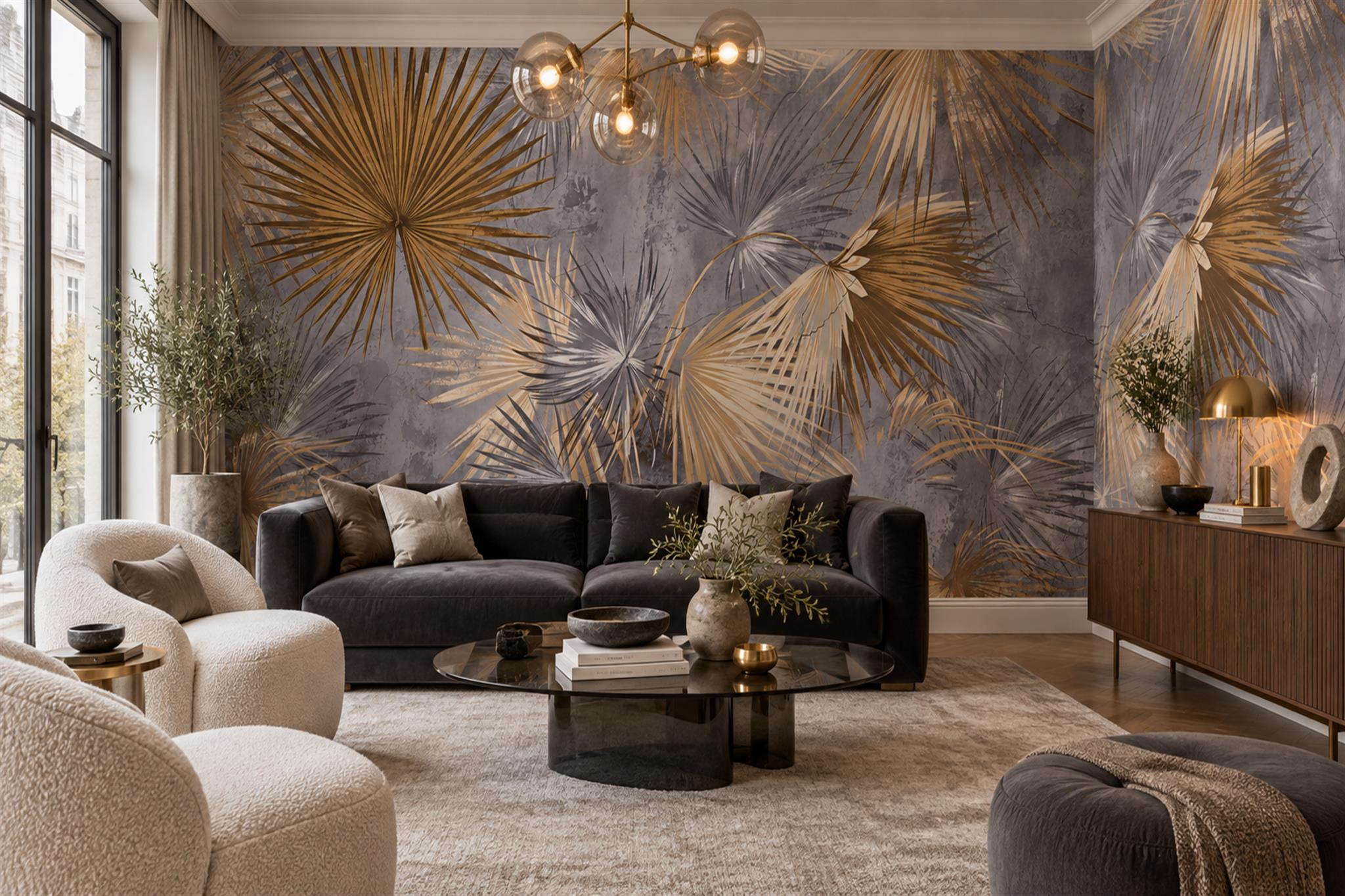 Gold Palm Artful Tropical Wallpaper Mural Accent-wall-wallpaper-murals, Peel-and-stick Finish