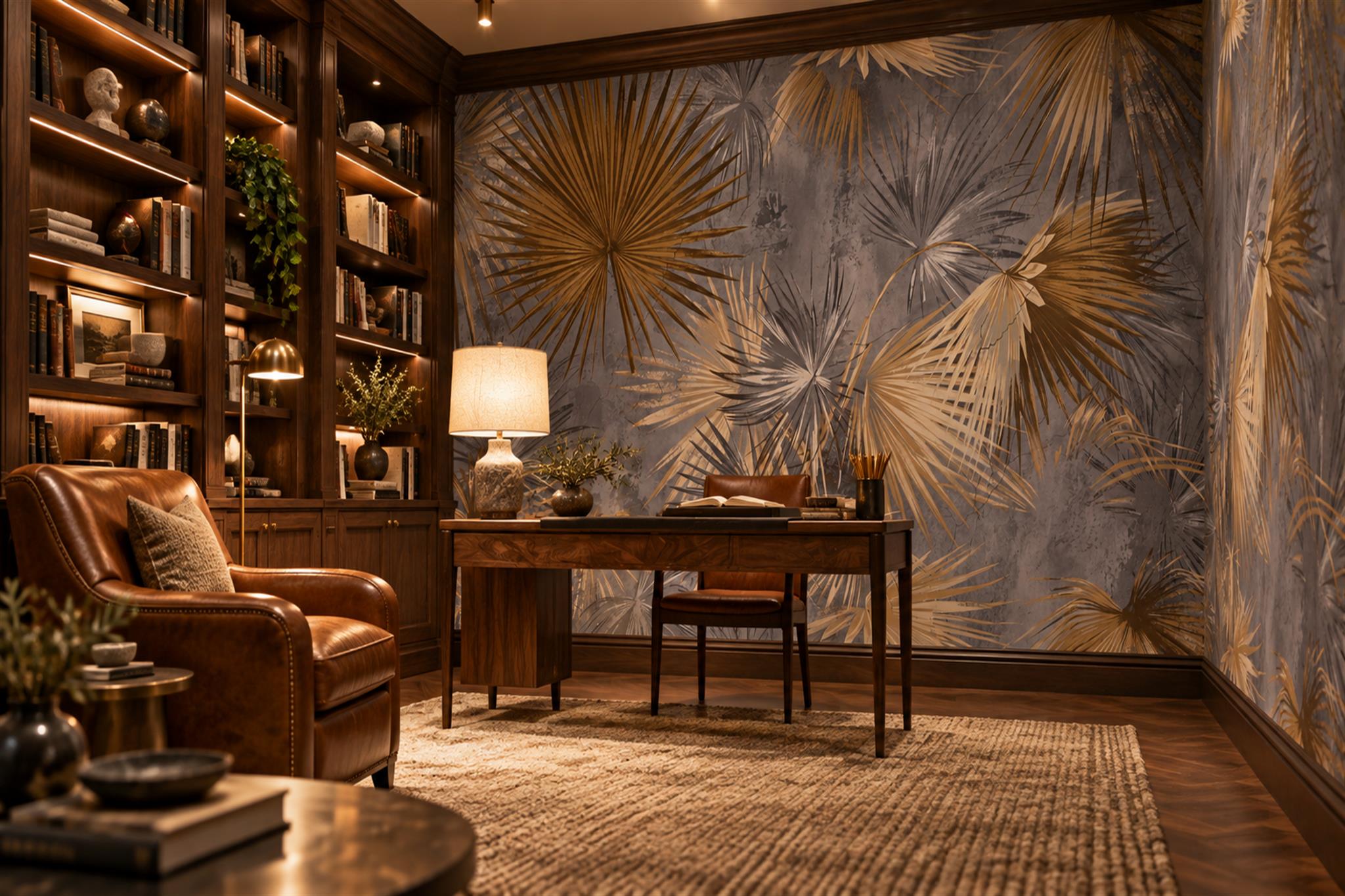 Gold Palm Artful Tropical Wallpaper Mural Dining-room-wallpaper-murals, Peel-and-stick Finish