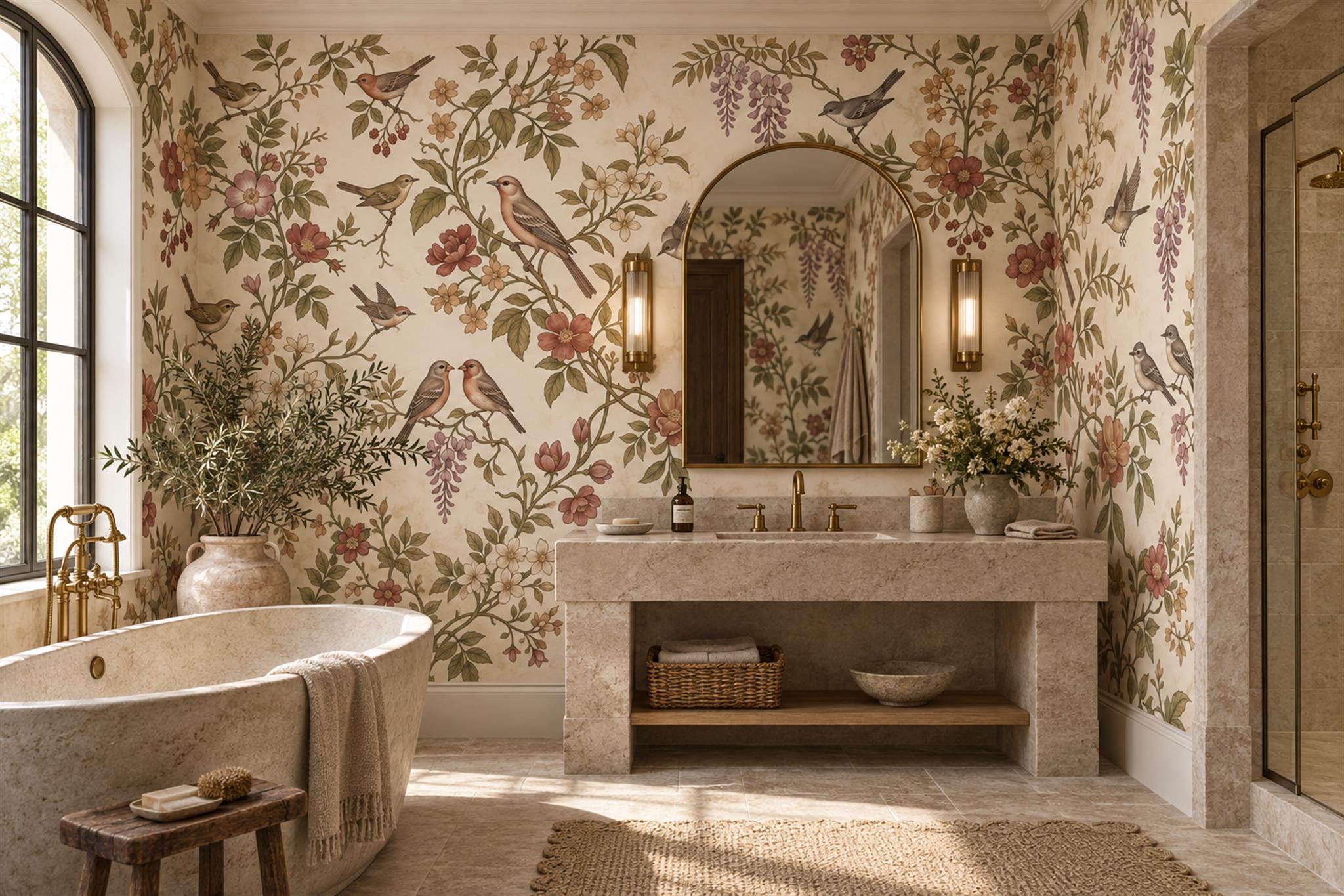 Beige Bird Illustrated Layered Wallpaper Mural Bathroom-wallpaper-murals, Peel-and-stick Finish