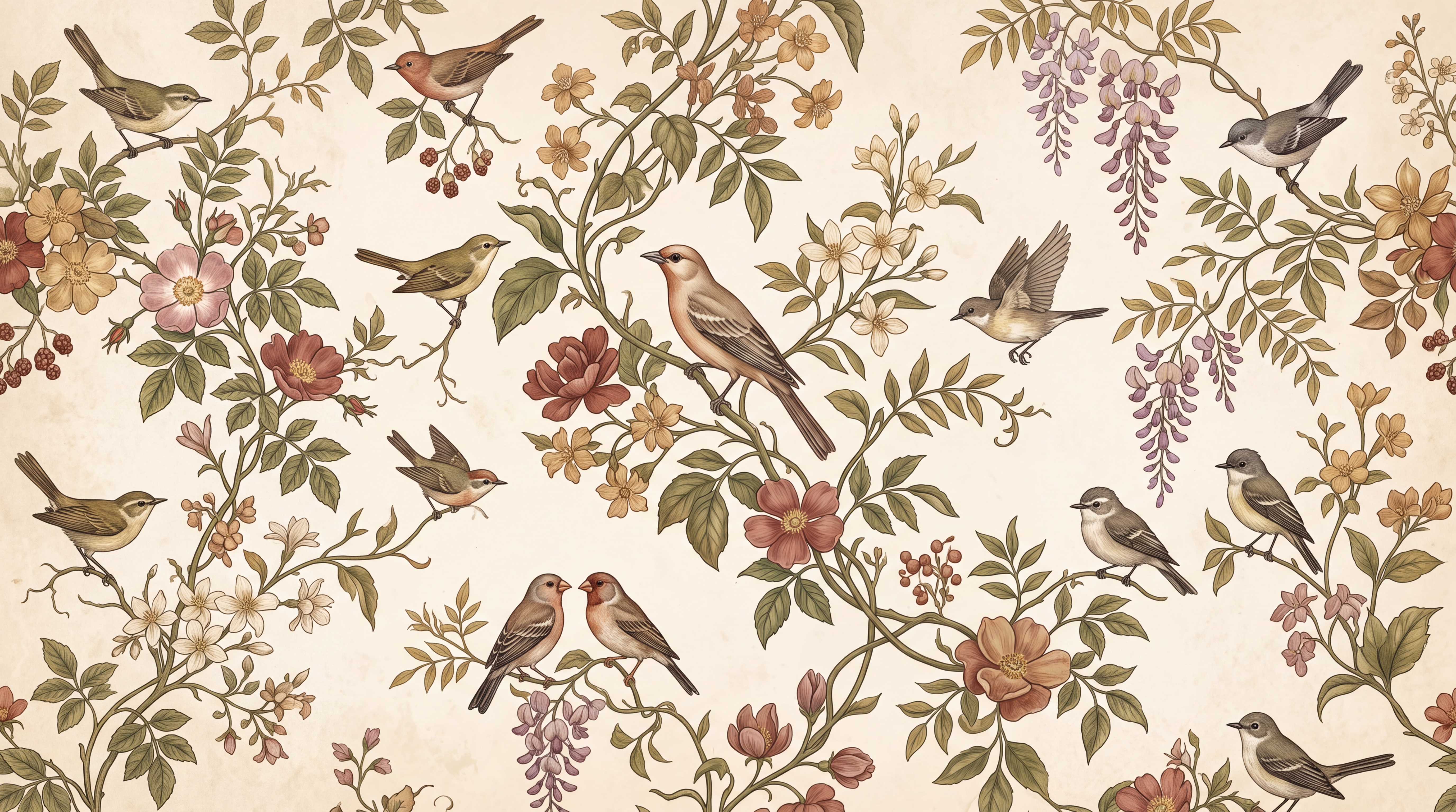Beige Bird Illustrated Layered Wallpaper Mural, Peel-and-stick Finish