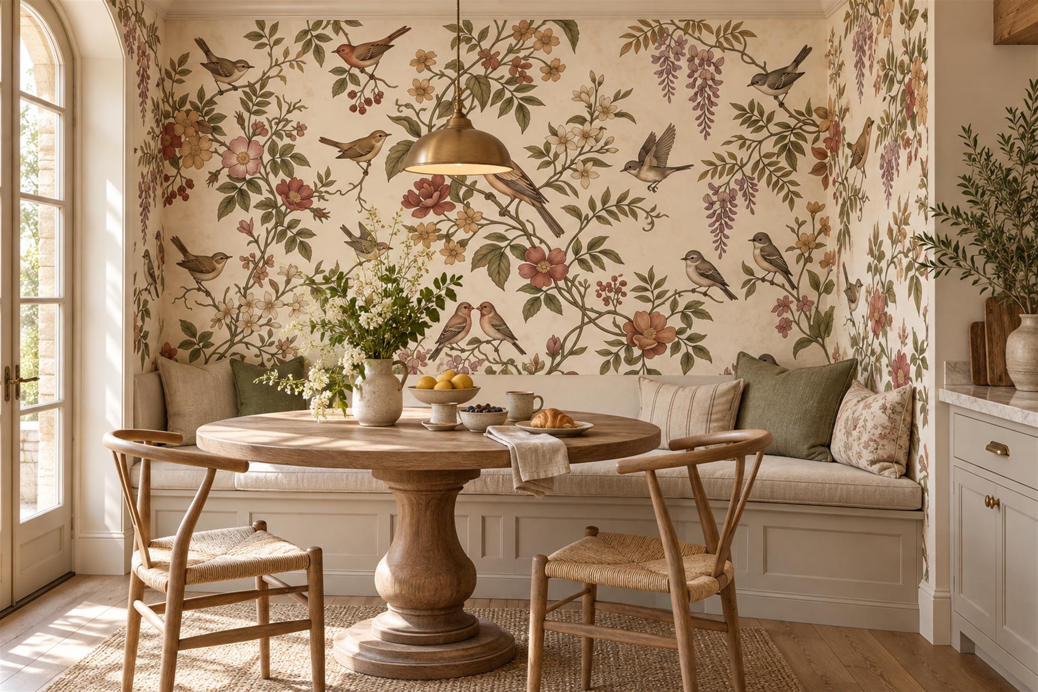 Beige Bird Illustrated Layered Wallpaper Mural Dining-room-wallpaper-murals, Shown In A Dining Room, Peel-and-stick Finish