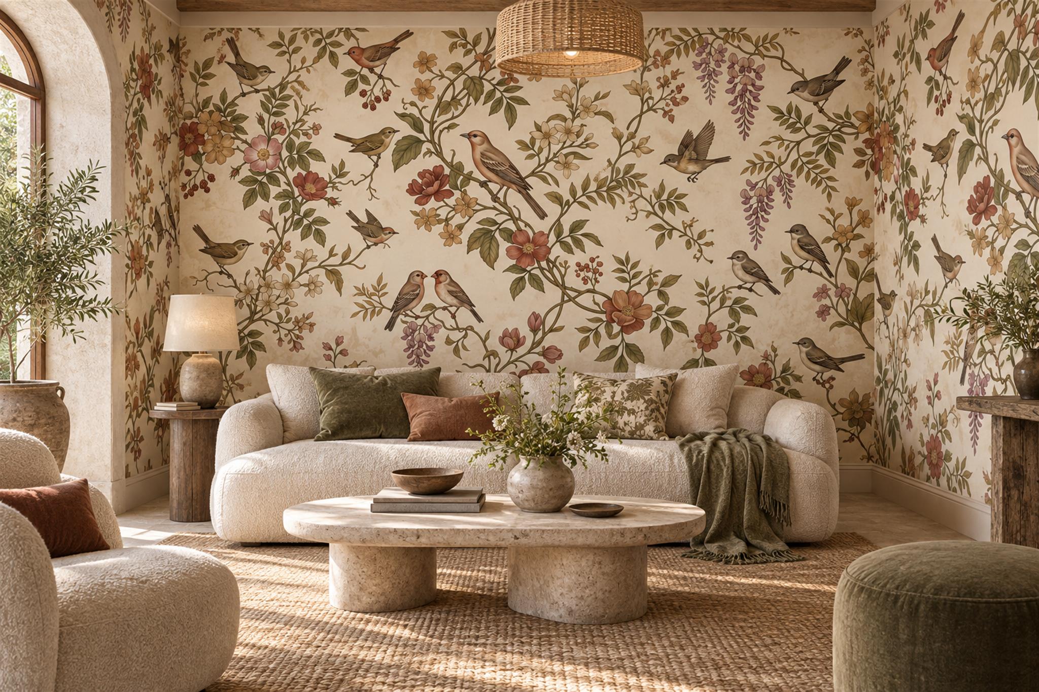 Songbirds Among Cottage Garden Flowers Wallpaper Mural — Wallpaper Mural Design, Peel-and-stick Finish
