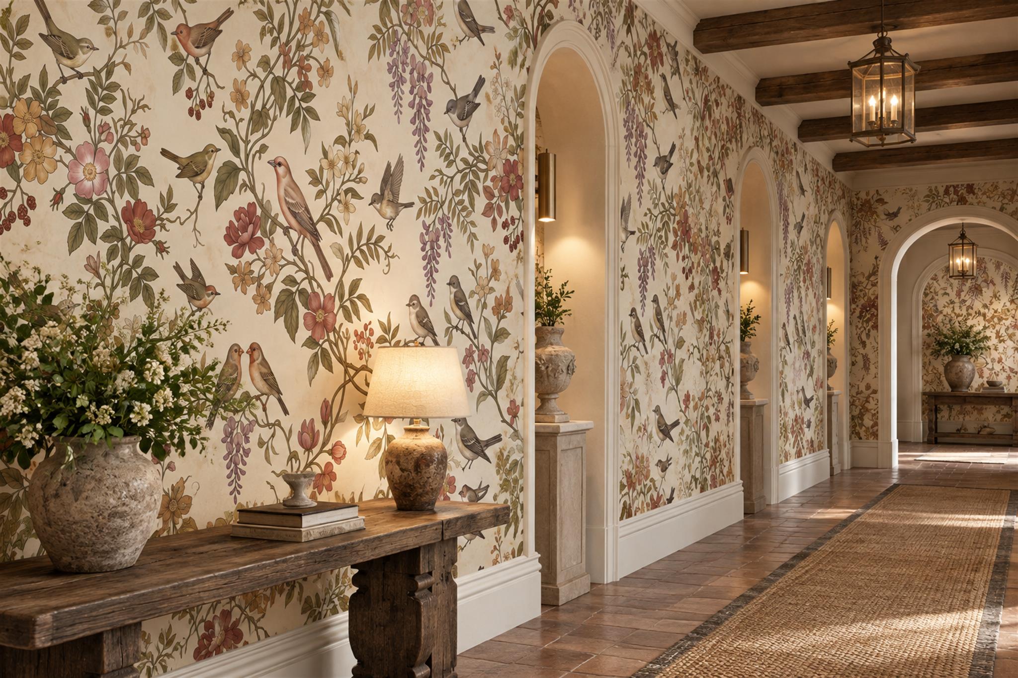 Beige Bird Illustrated Layered Wallpaper Mural Accent-wall-wallpaper-murals, Peel-and-stick Finish