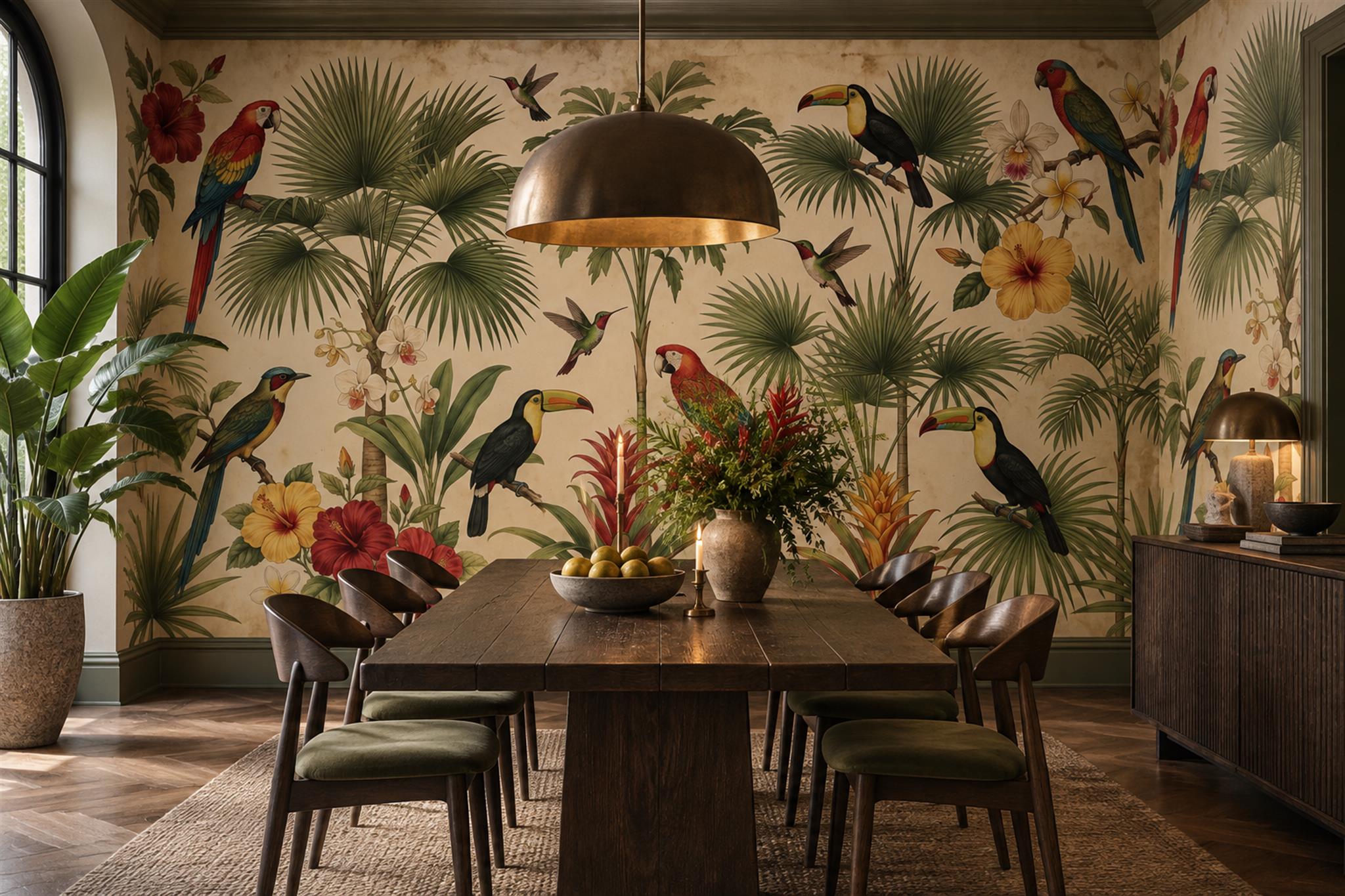 Green Parrot Illustrated Textured Wallpaper Mural Dining-room-wallpaper-murals, Shown In A Dining Room, Peel-and-stick Finish