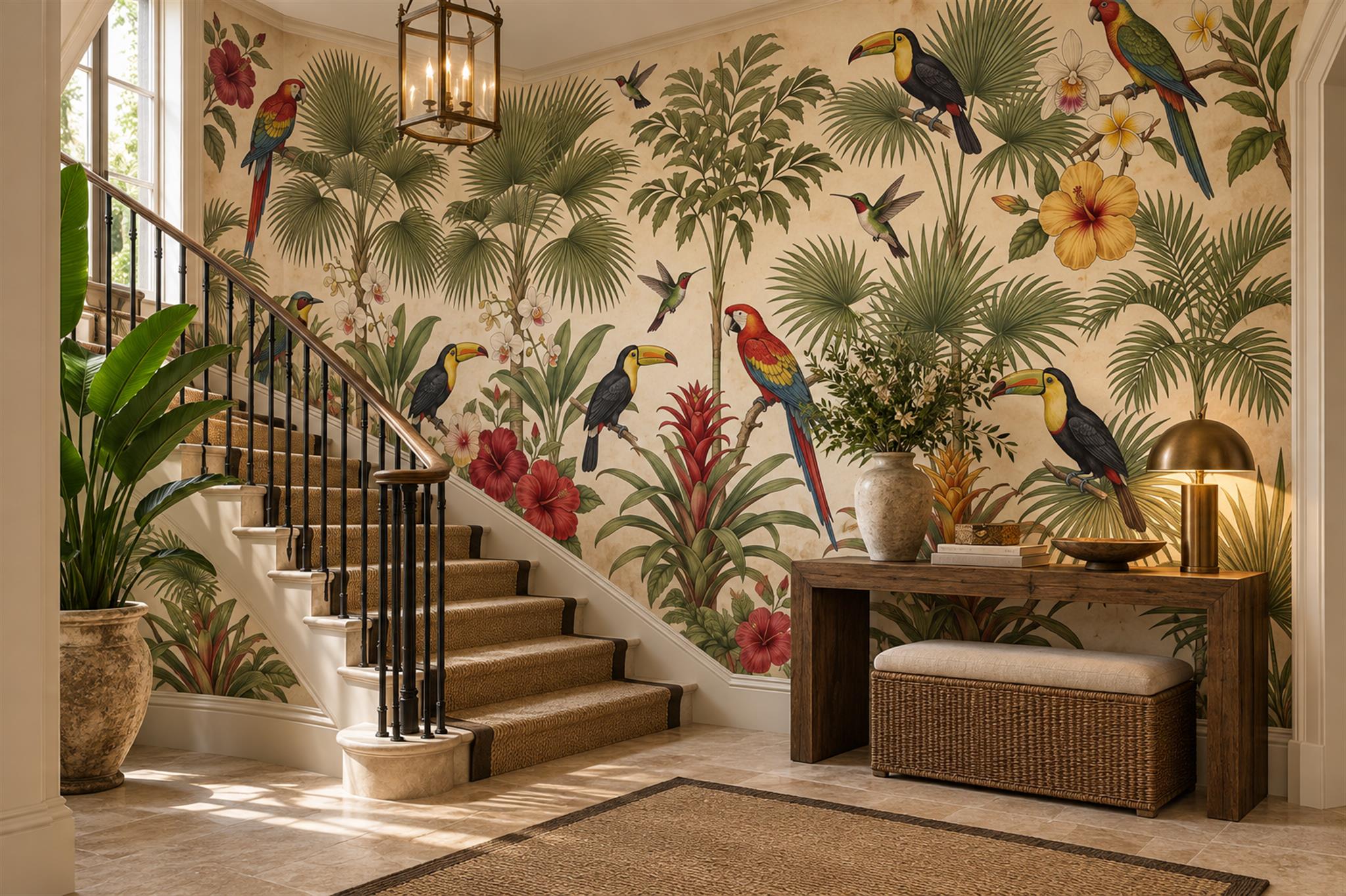 Tropical Parrots, Toucans And Palms Wallpaper Mural — Wallpaper Mural Design, Peel-and-stick Finish