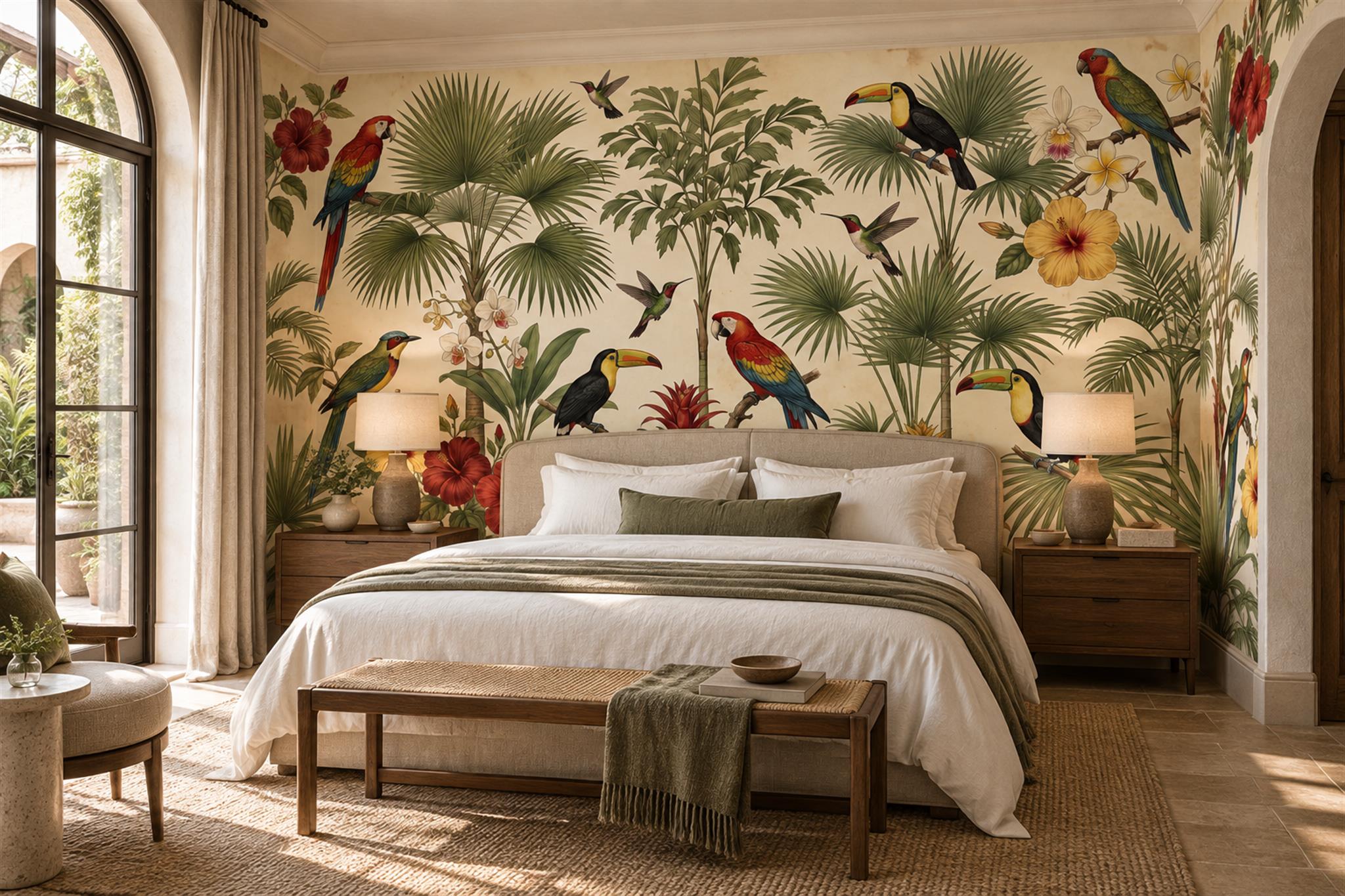 Green Parrot Illustrated Textured Wallpaper Mural Bedroom-wallpaper-murals, Peel-and-stick Finish