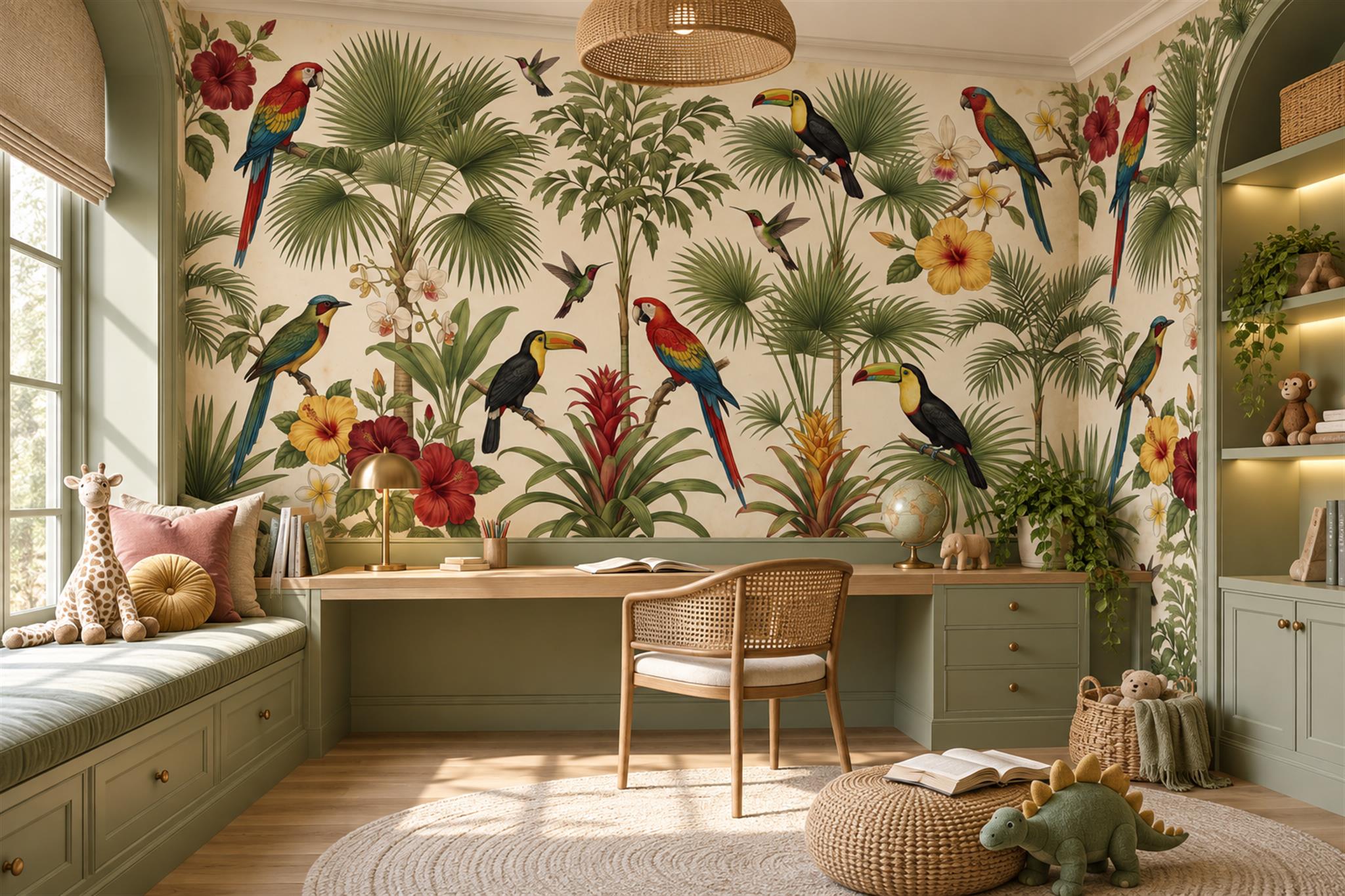 Green Parrot Illustrated Textured Wallpaper Mural Accent-wall-wallpaper-murals, Peel-and-stick Finish