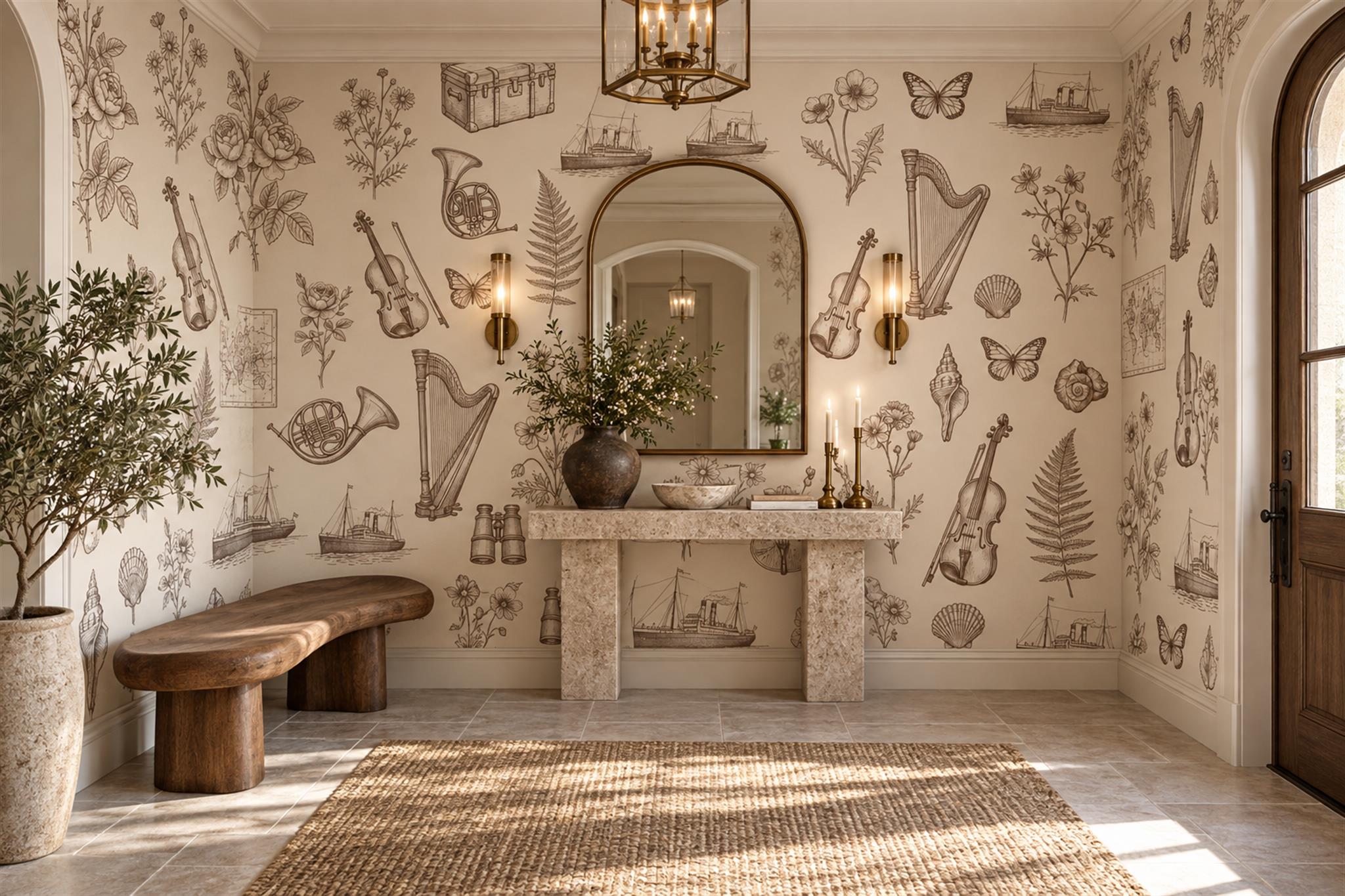 Sepia Vintage Music Travel And Botanical Illustration Wallpaper Mural — Installed Wallpaper Mural In A Entryway, Peel-and-stick Finish