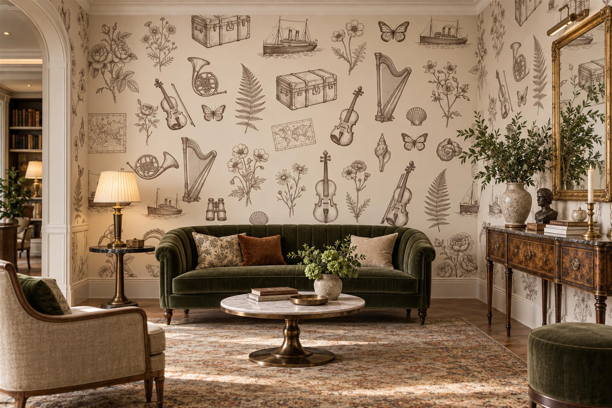 Beige Pattern Decorative Wallpaper Mural Layered Brushwork Wallpaper Living-room-wallpaper-murals, Shown In A Living Room, Peel-and-stick Finish