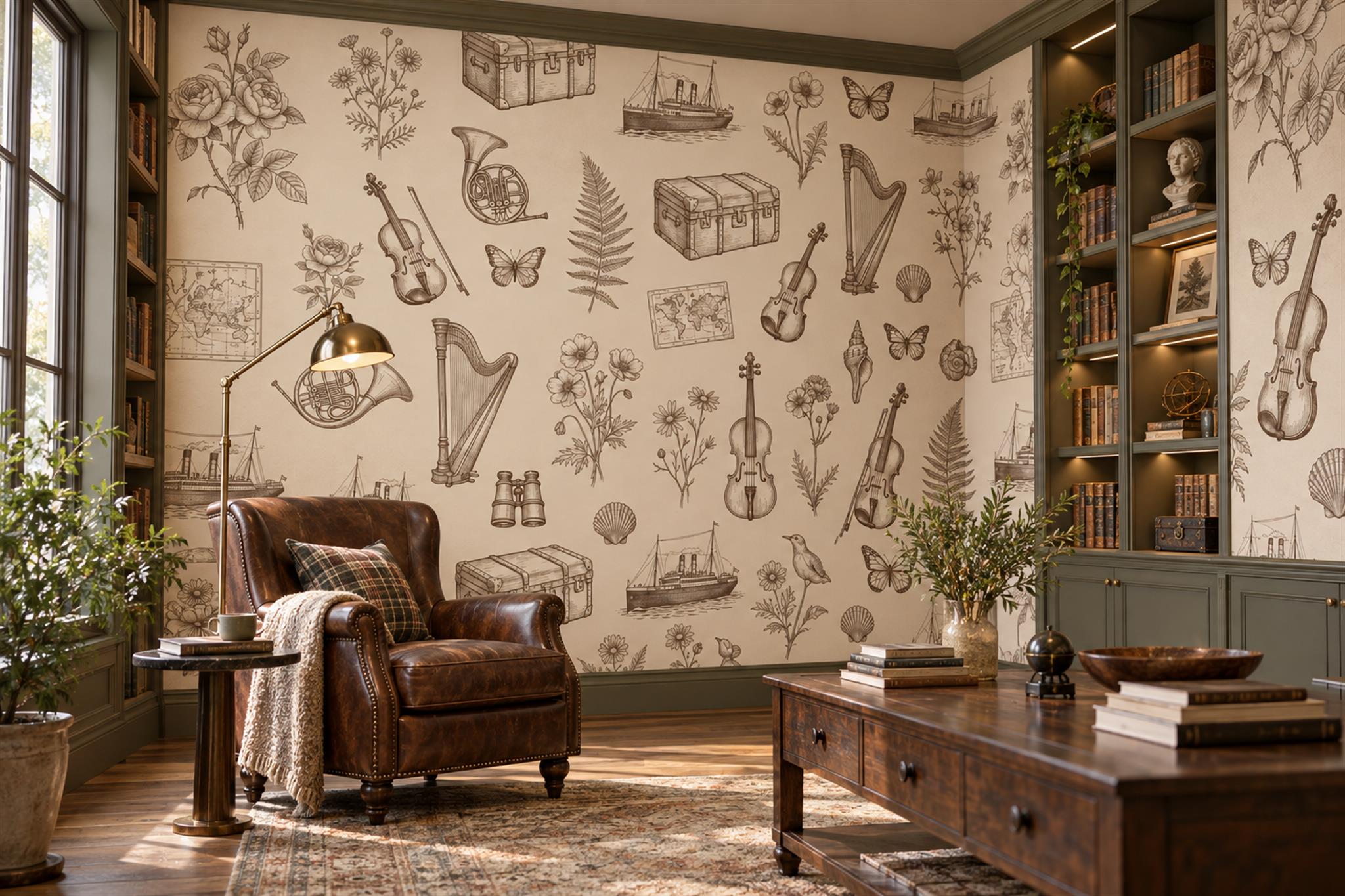 Beige Pattern Decorative Wallpaper Mural Layered Brushwork Wallpaper Home-office-wallpaper-murals, Shown In A Home Office, Peel-and-stick Finish