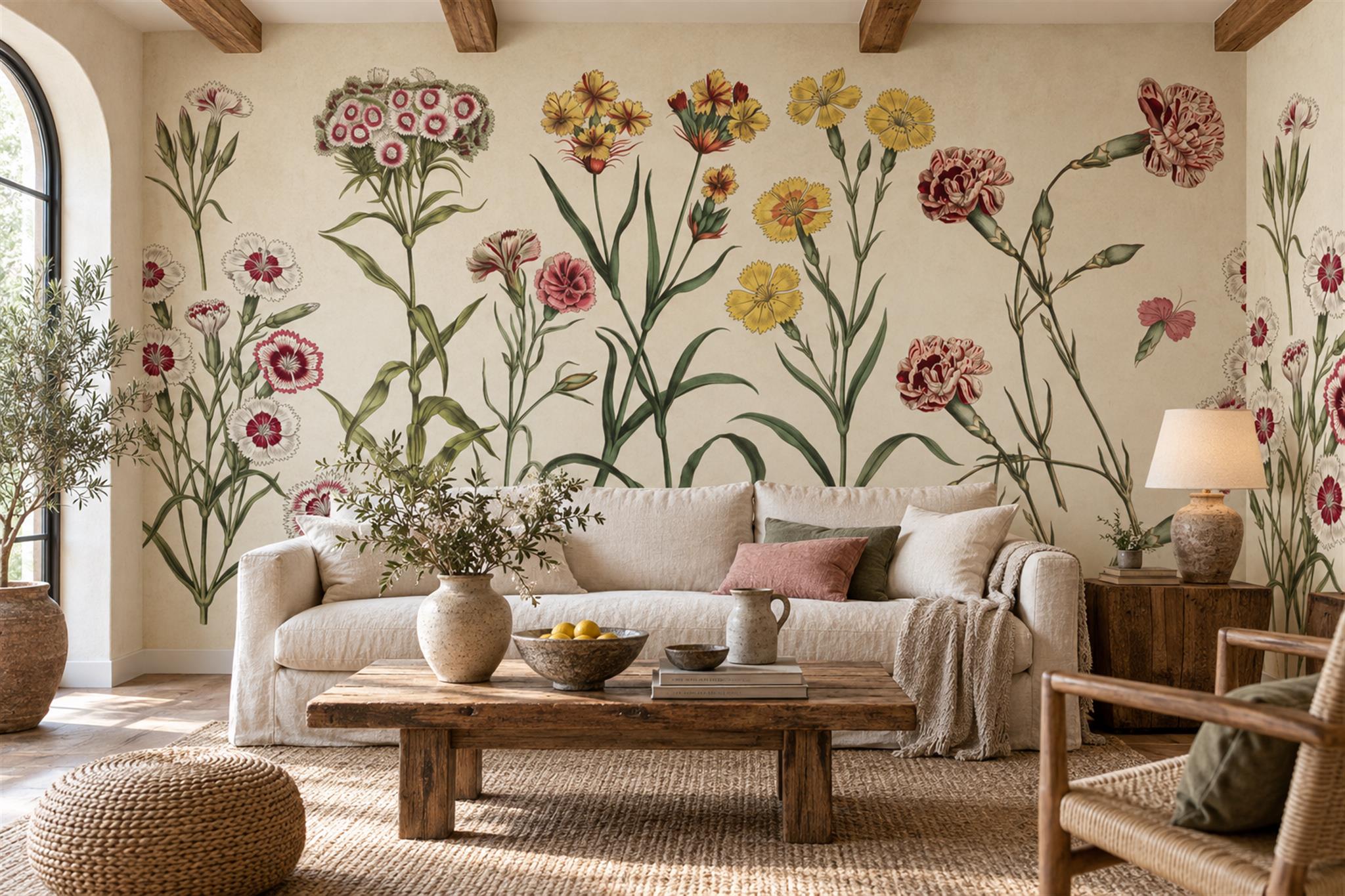 Cream Floral Botanical Decorative Wallpaper Mural Accent-wall-wallpaper-murals, Peel-and-stick Finish