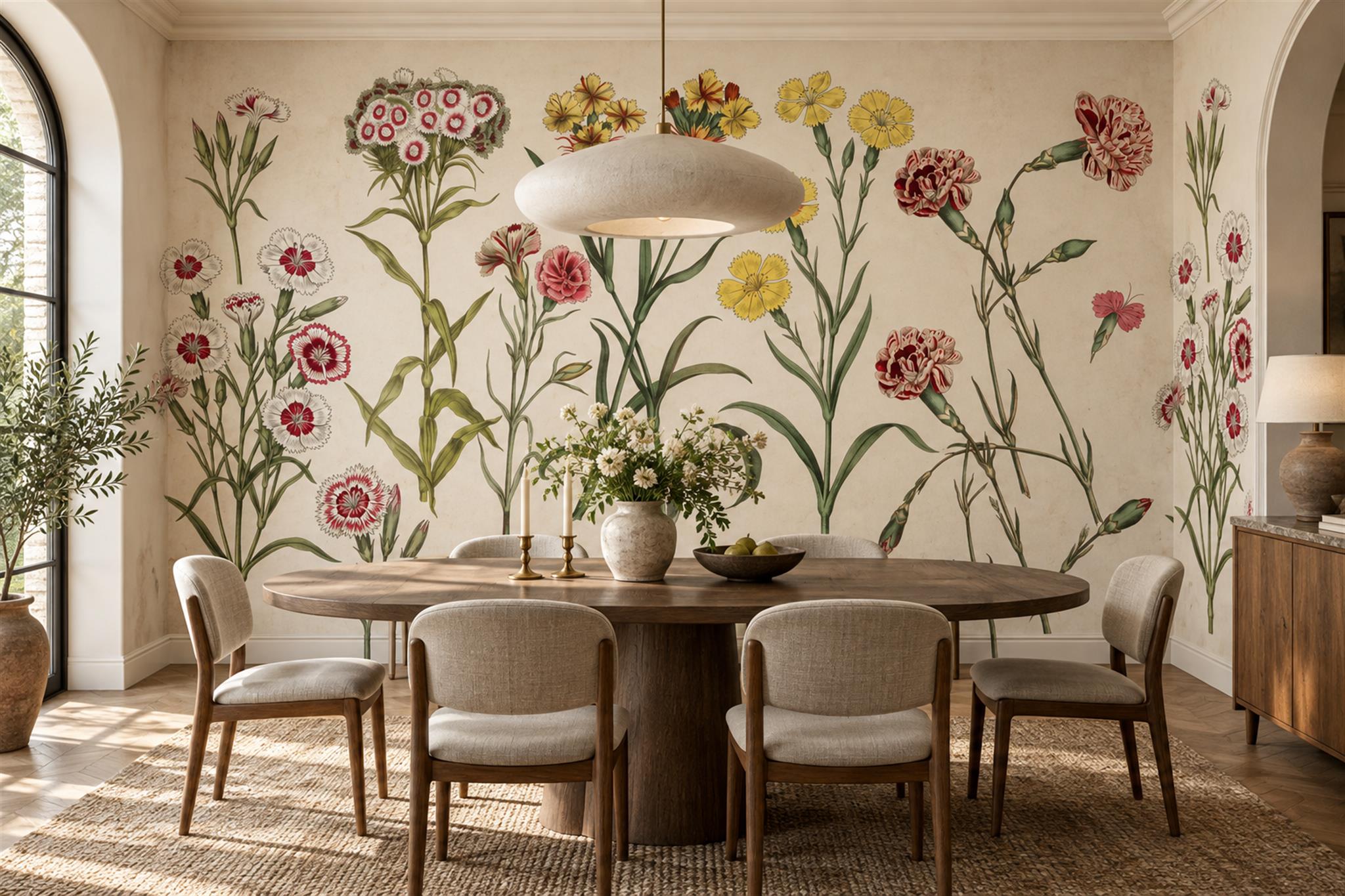 Cream Floral Botanical Decorative Wallpaper Mural Dining-room-wallpaper-murals, Shown In A Dining Room, Peel-and-stick Finish