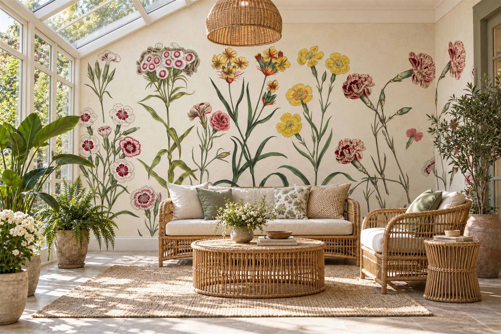Cream Floral Botanical Decorative Wallpaper Mural Accent-wall-wallpaper-murals, Peel-and-stick Finish