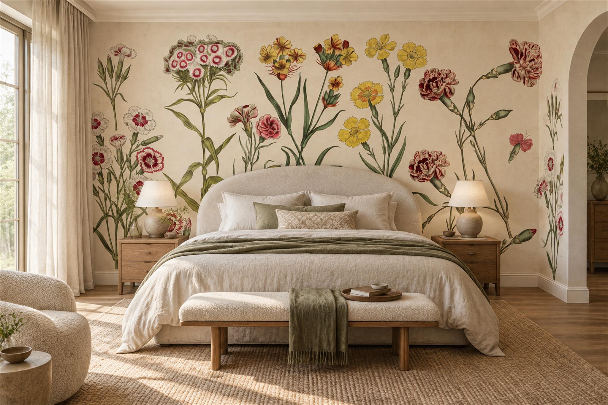 Cream Floral Botanical Decorative Wallpaper Mural Accent-wall-wallpaper-murals, Peel-and-stick Finish