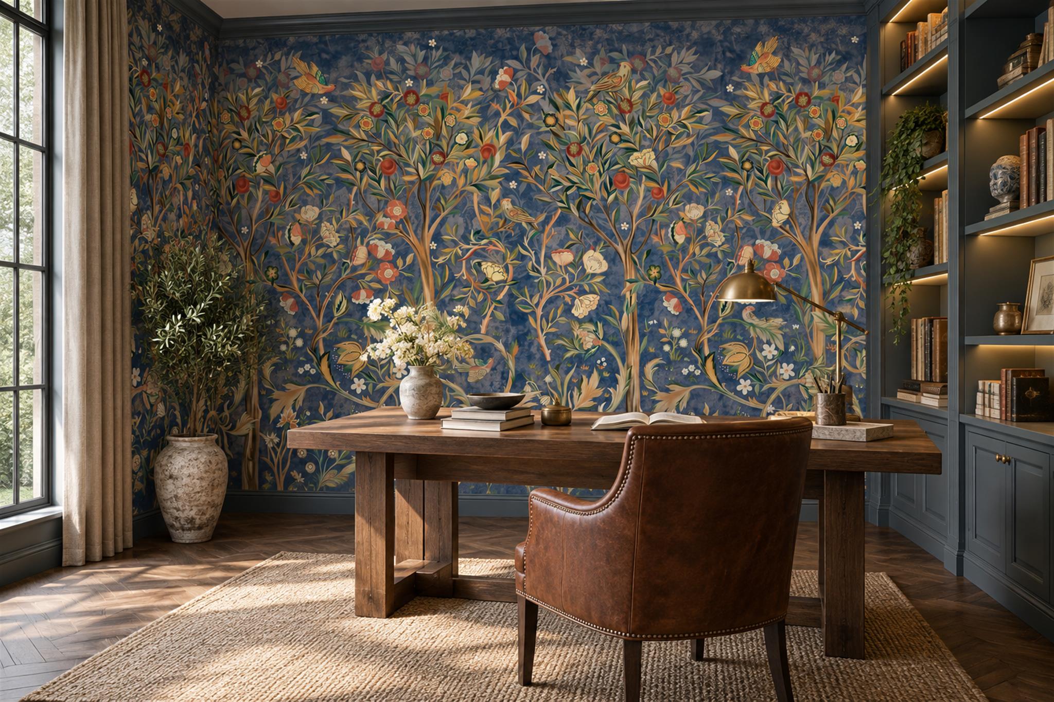 Blue Floral Botanical Layered Wallpaper Mural Home-office-wallpaper-murals, Shown In A Home Office, Peel-and-stick Finish