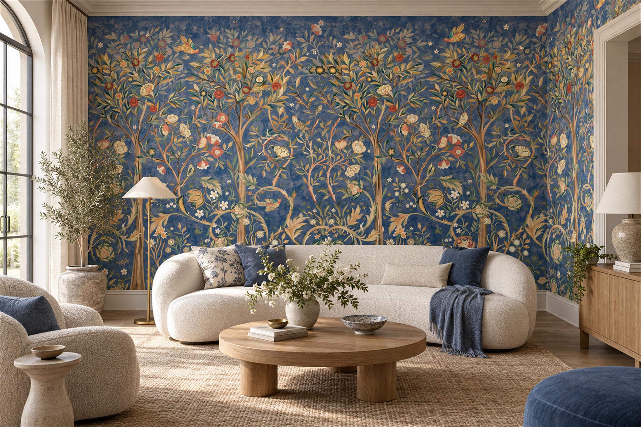 Blue Floral Botanical Layered Wallpaper Mural Accent-wall-wallpaper-murals, Peel-and-stick Finish