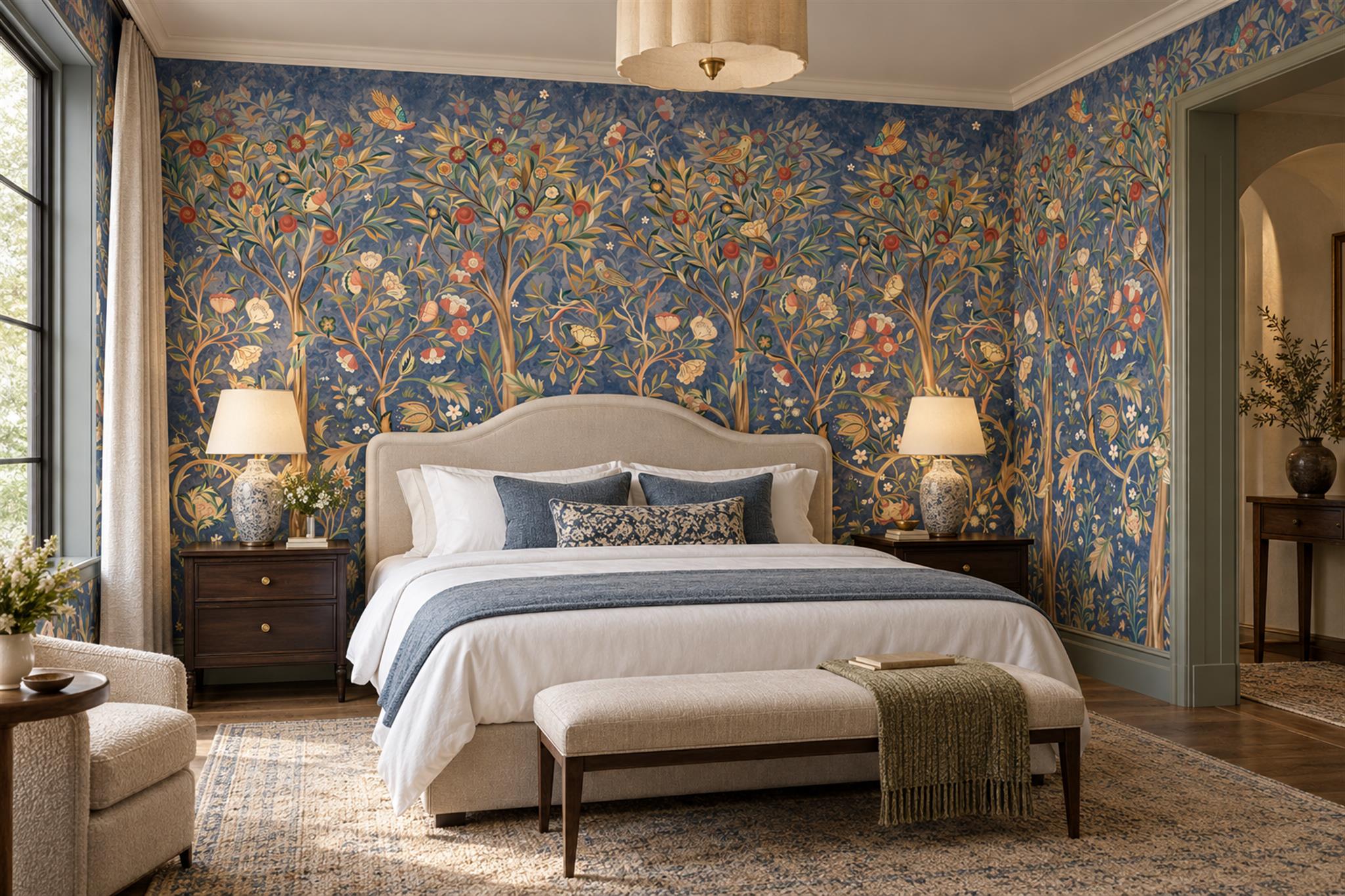 Blue Floral Botanical Layered Wallpaper Mural Bedroom-wallpaper-murals, Peel-and-stick Finish