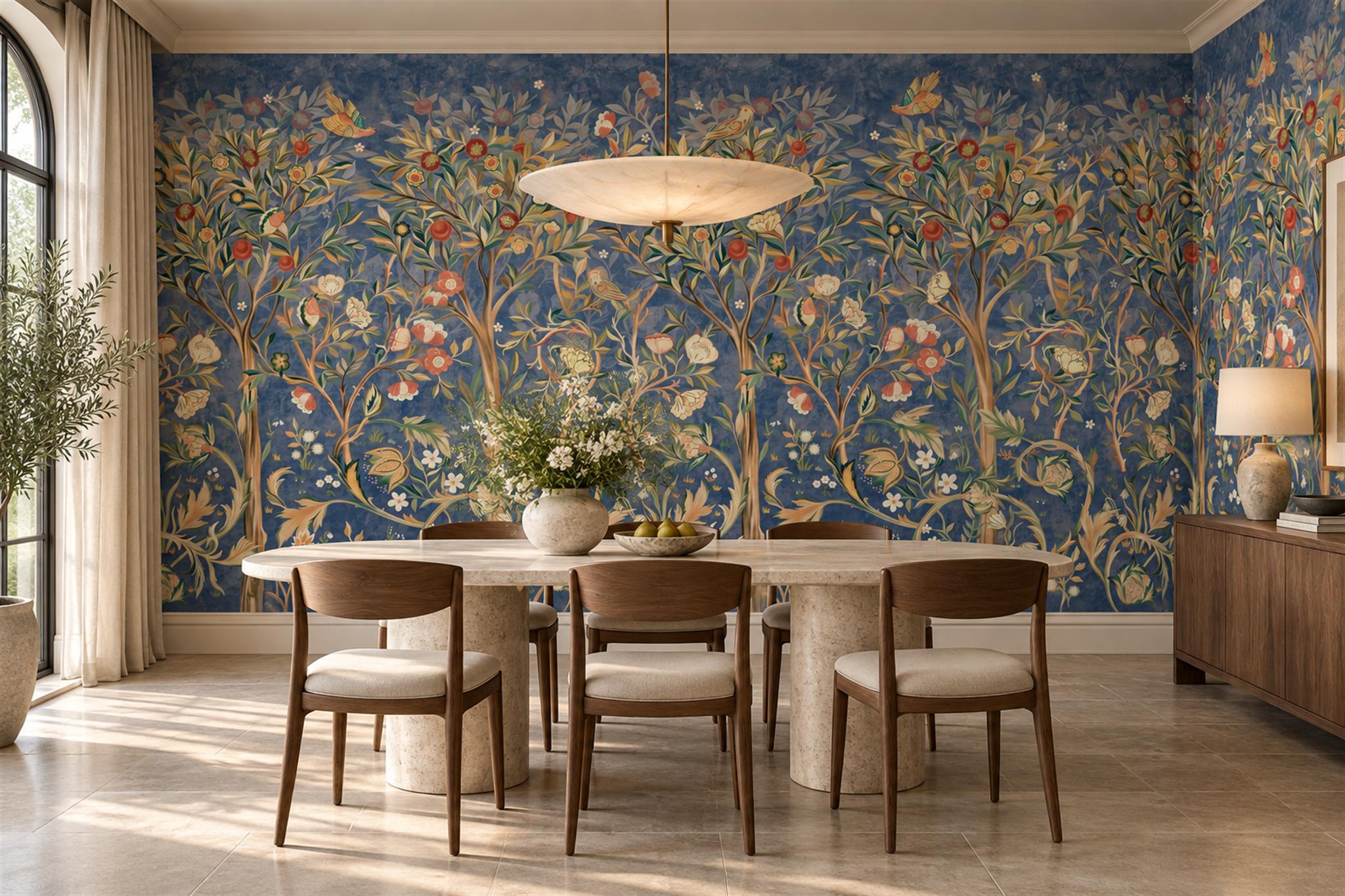 Blue Floral Botanical Layered Wallpaper Mural Dining-room-wallpaper-murals, Shown In A Dining Room, Peel-and-stick Finish