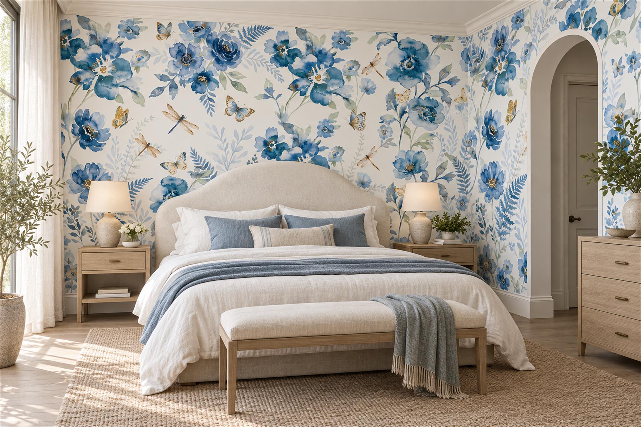 Blue Rose Botanical Wallpaper Mural Bedroom-wallpaper-murals, Peel-and-stick Finish