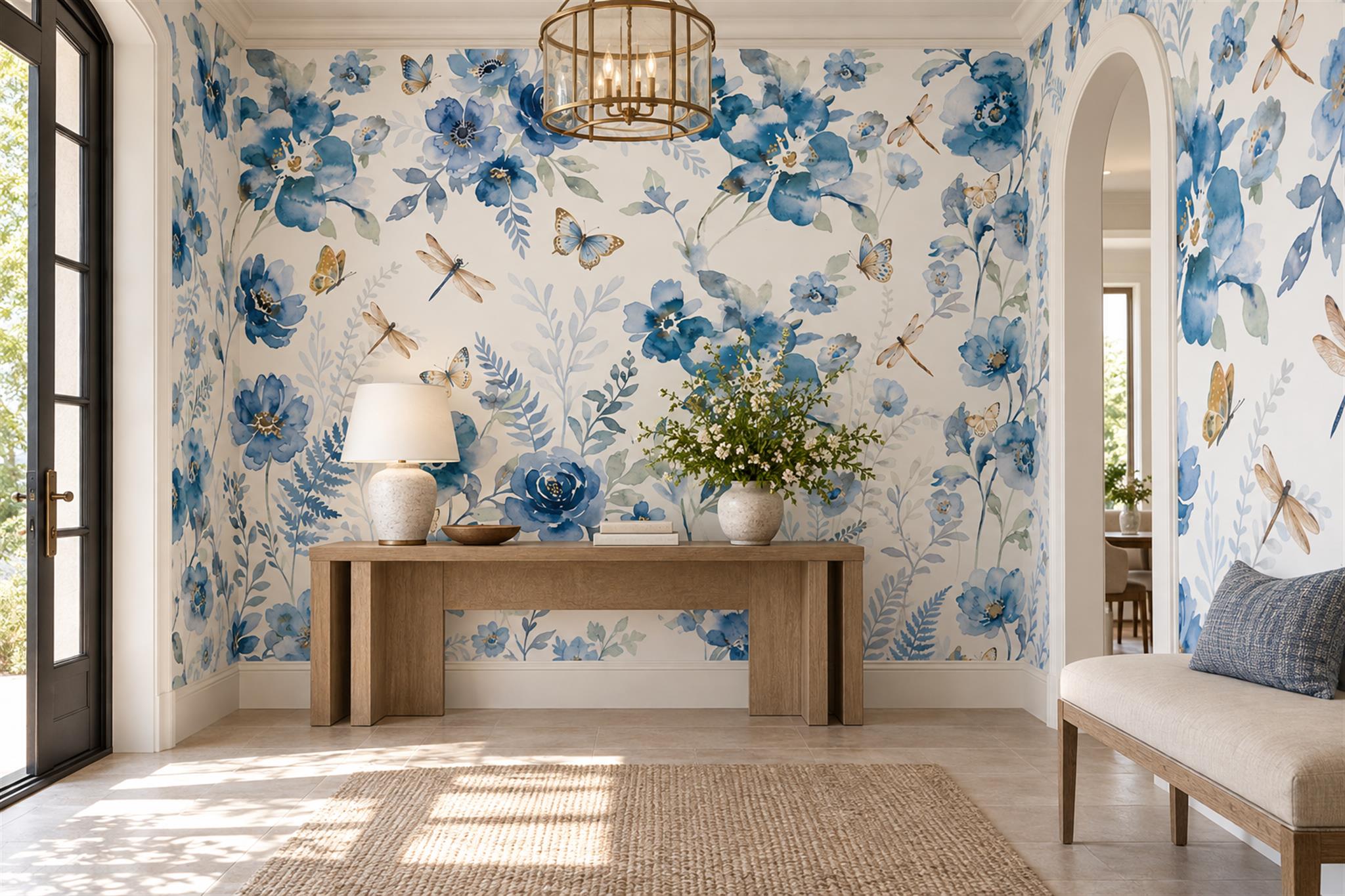 Blue Rose Botanical Wallpaper Mural Entryway-wallpaper-murals, Peel-and-stick Finish