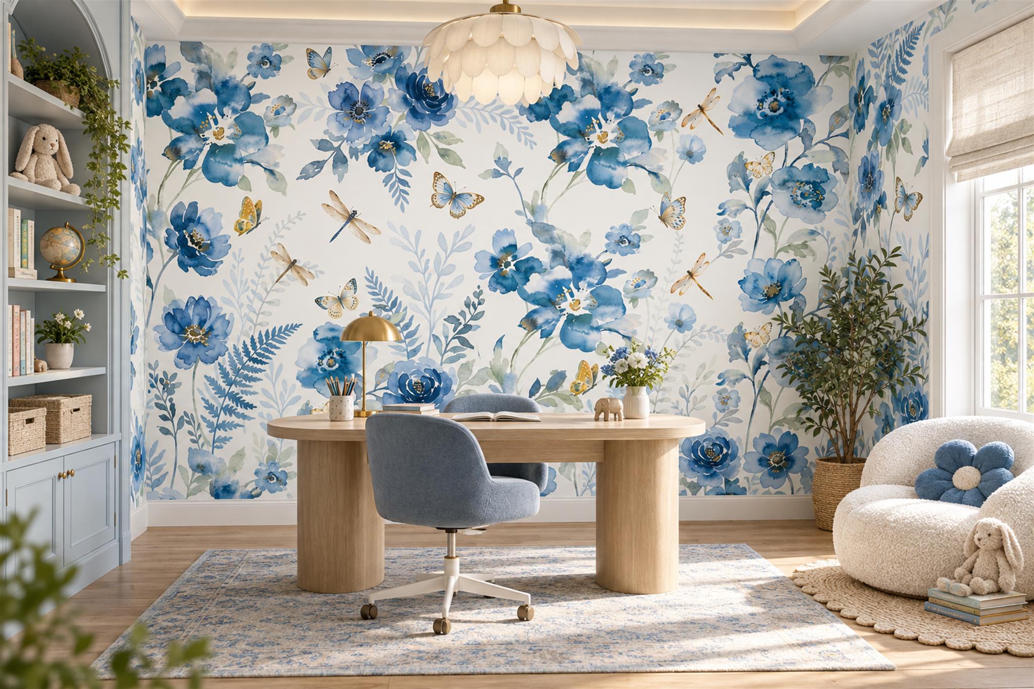 Blue Rose Botanical Wallpaper Mural Home-office-wallpaper-murals, Shown In A Home Office, Peel-and-stick Finish