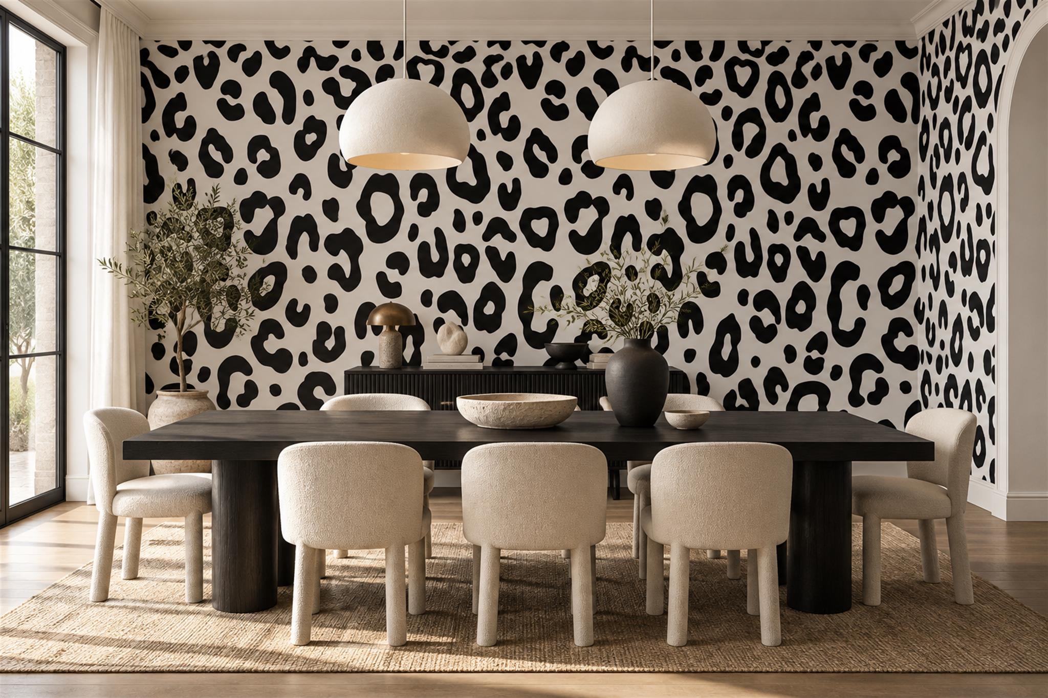 Black Leopard Wallpaper Mural, Shown In A Dining Room, Peel-and-stick Finish