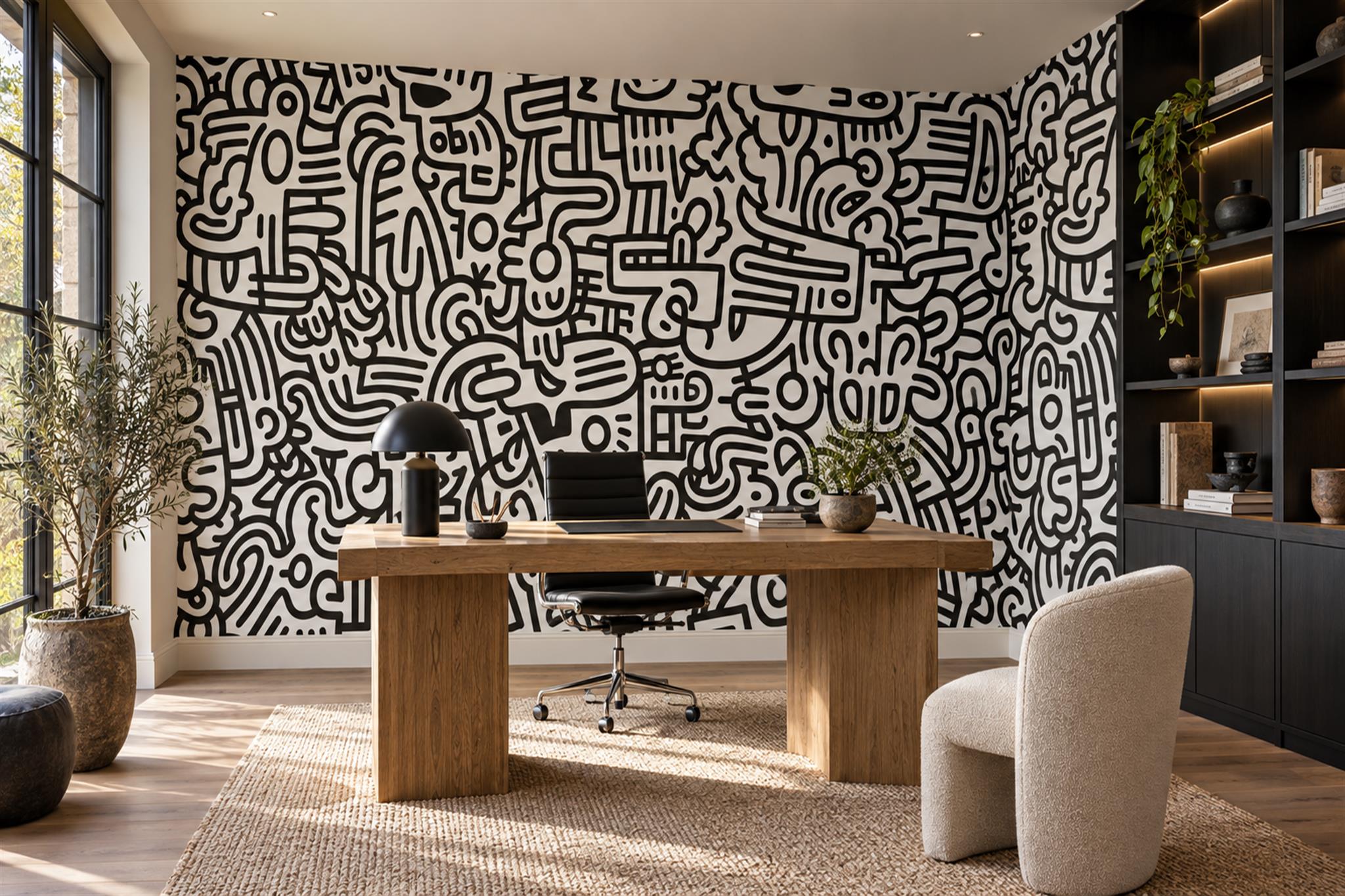 Black Pattern Decorative Organic Wallpaper Mural Home-office-wallpaper-murals, Shown In A Home Office, Peel-and-stick Finish
