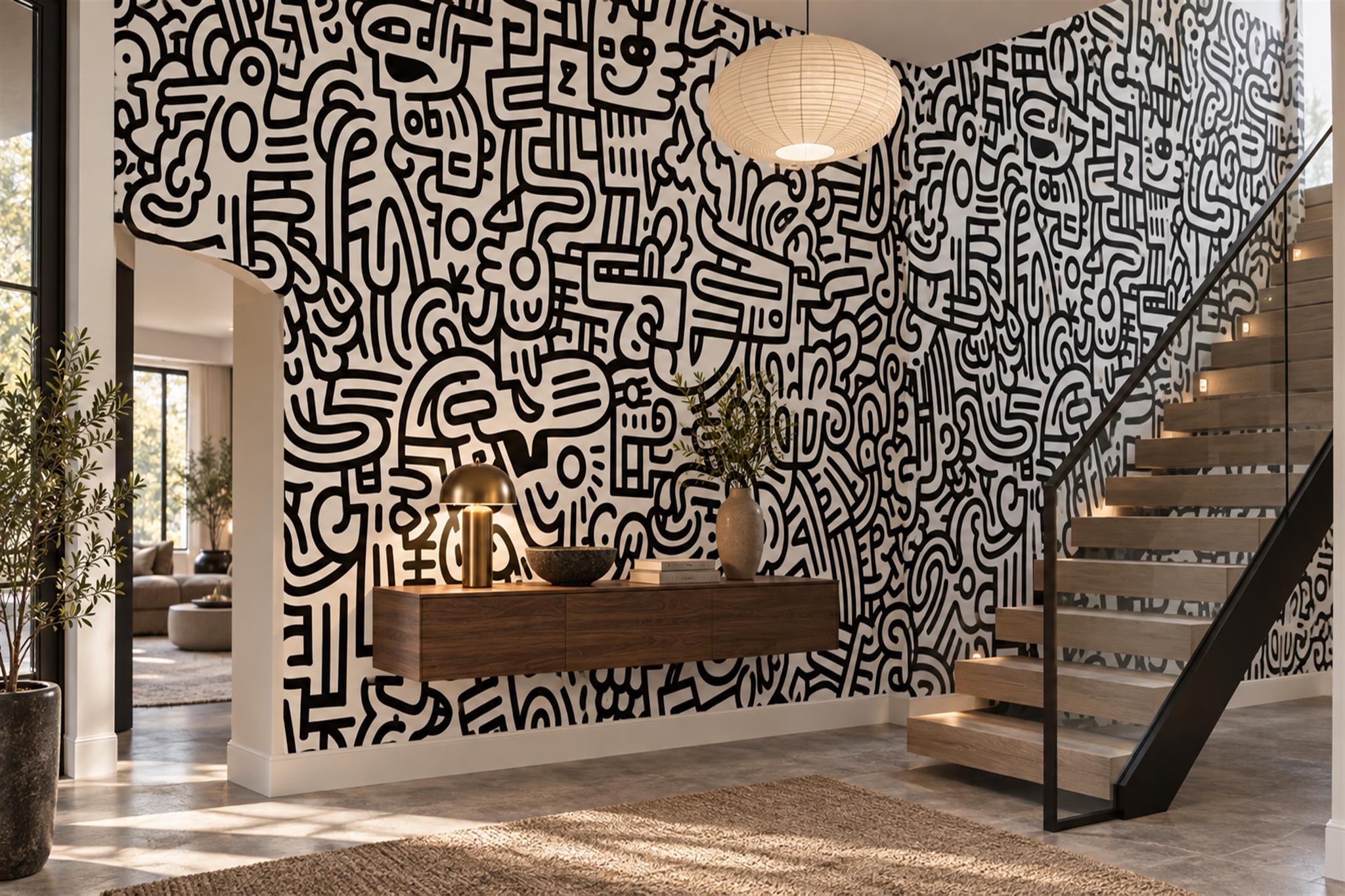 Black Pattern Decorative Organic Wallpaper Mural Accent-wall-wallpaper-murals, Peel-and-stick Finish