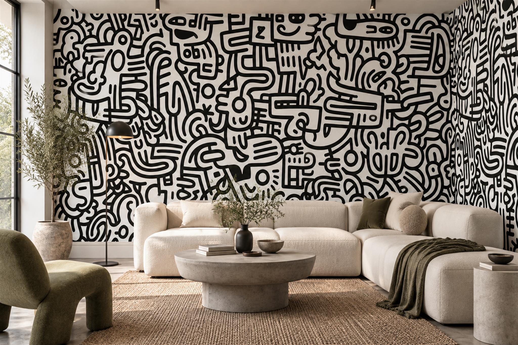 Black Pattern Decorative Organic Wallpaper Mural Dining-room-wallpaper-murals, Peel-and-stick Finish