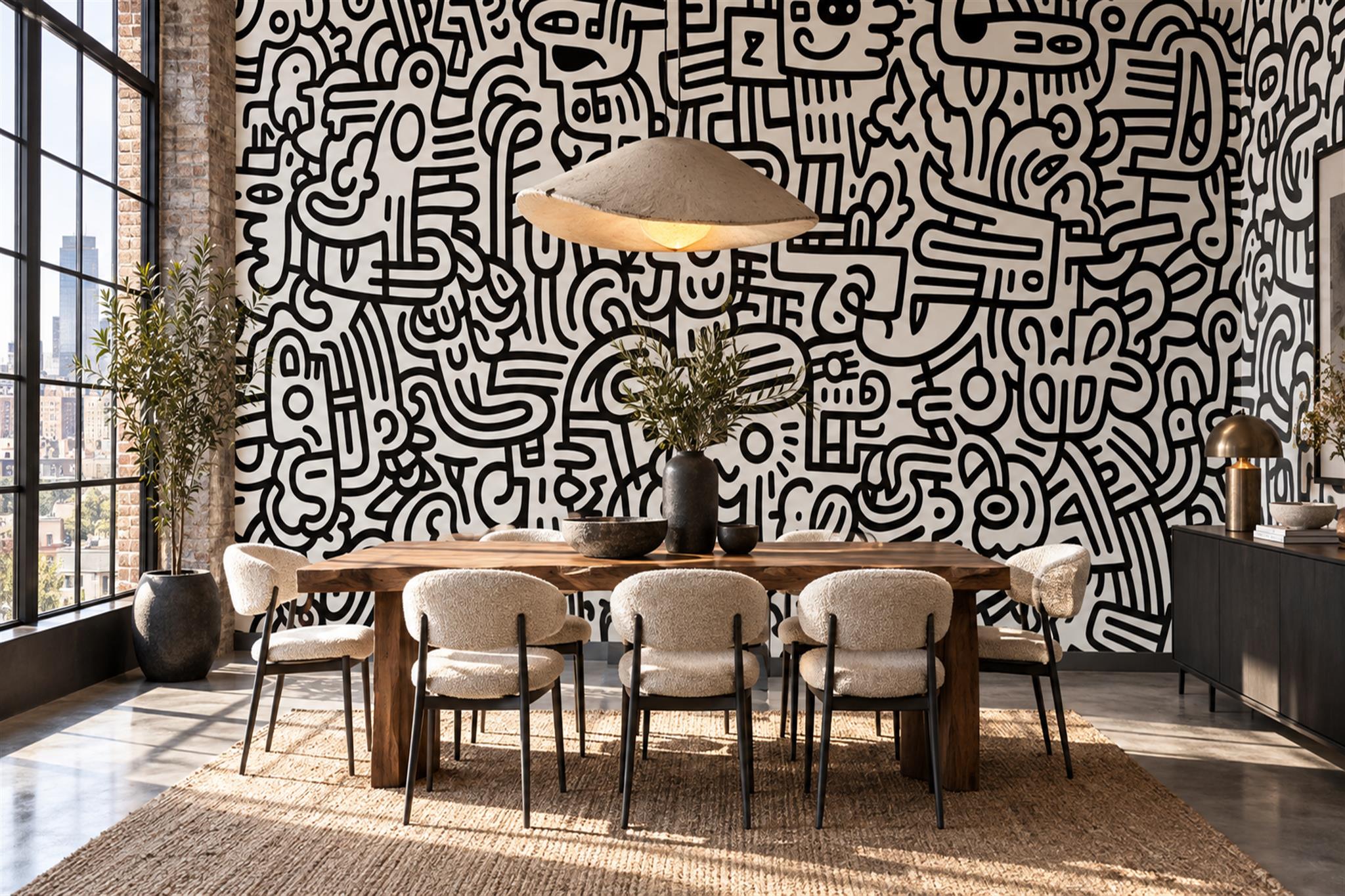 Black Pattern Decorative Organic Wallpaper Mural Dining-room-wallpaper-murals, Peel-and-stick Finish