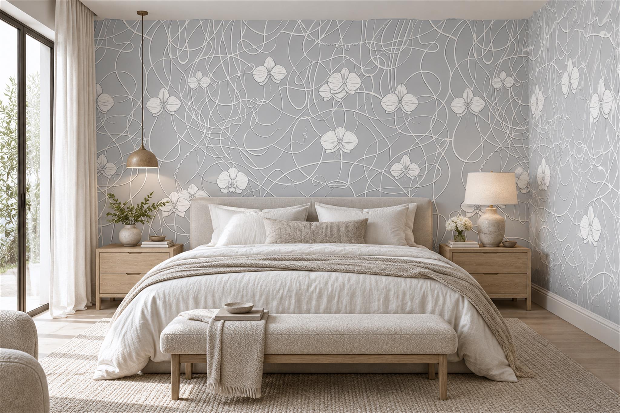 Grey Floral Botanical Decorative Wallpaper Mural Bedroom-wallpaper-murals, Peel-and-stick Finish