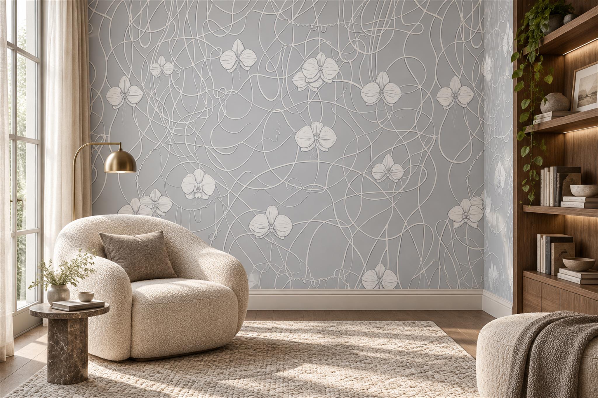 Pale Grey Floral Linework Wallpaper Mural — Wallpaper Mural Design, Peel-and-stick Finish