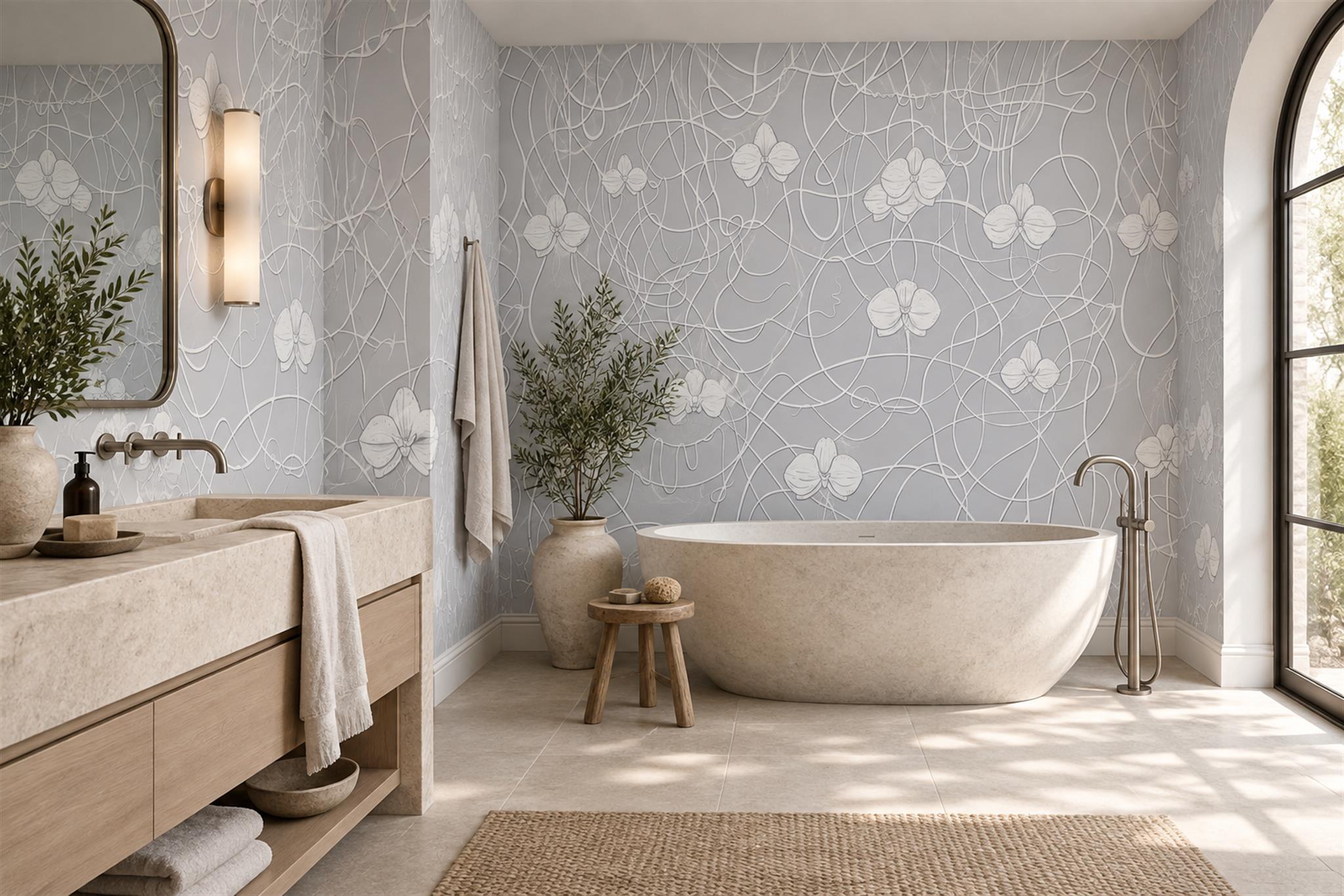 Grey Floral Botanical Decorative Wallpaper Mural Bathroom-wallpaper-murals, Peel-and-stick Finish