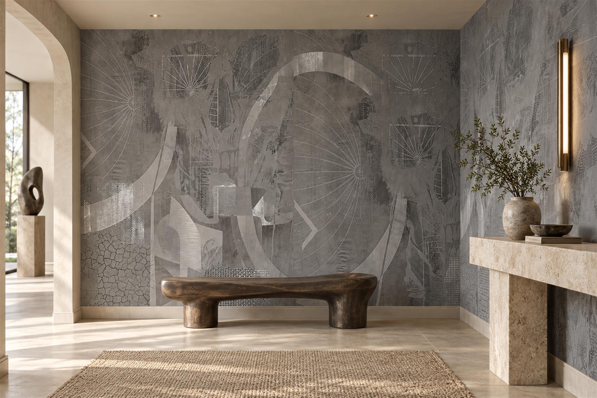Grey Circular Abstract Wallpaper Mural Entryway-wallpaper-murals, Peel-and-stick Finish