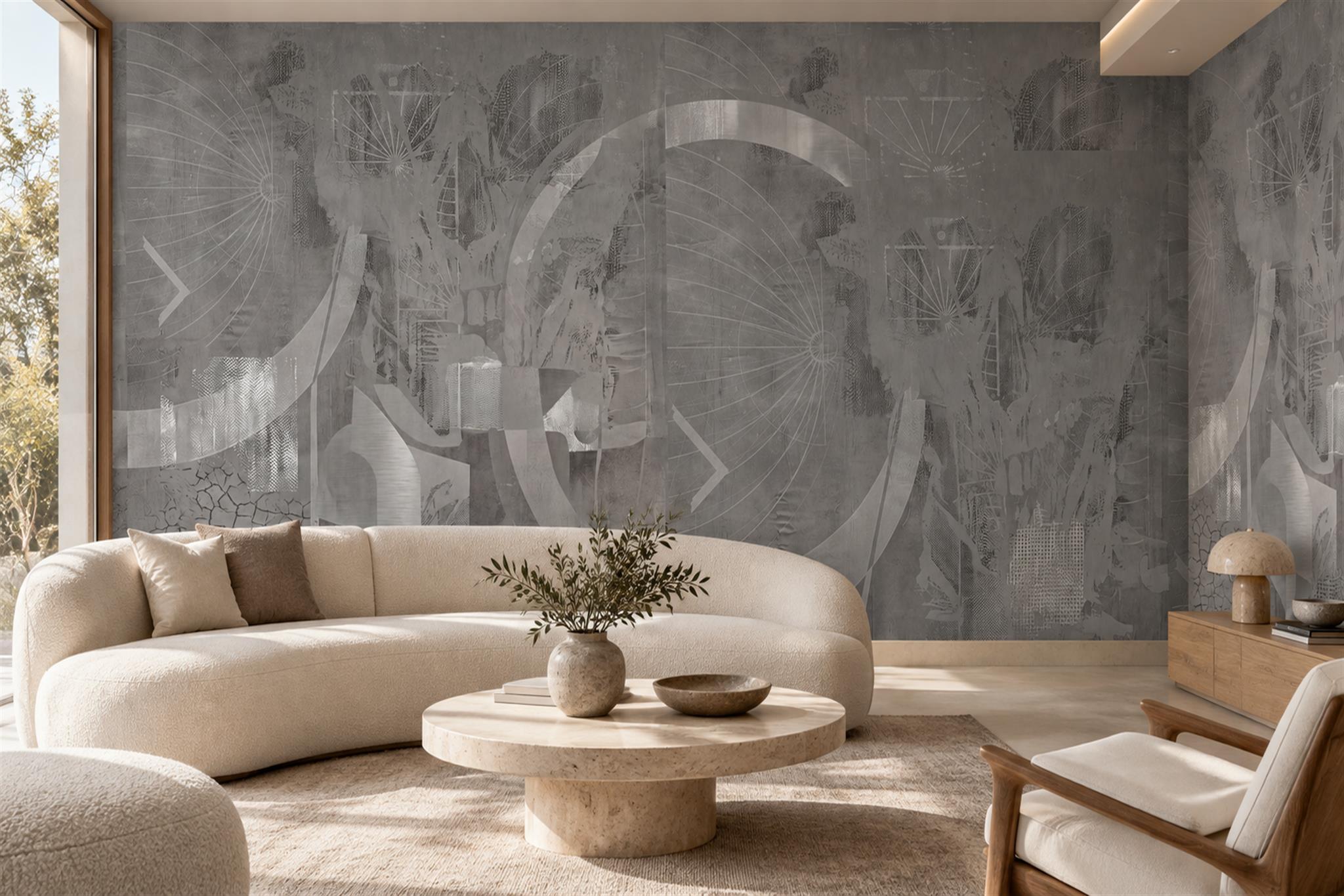 Grey Circular Abstract Wallpaper Mural, Peel-and-stick Finish