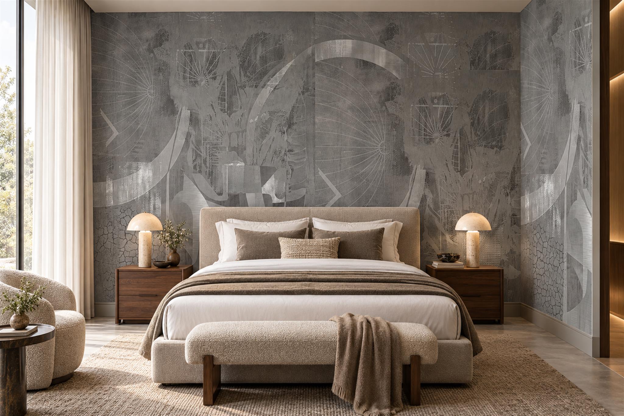 Grey Abstract Concrete Circles And Forms Wallpaper Mural — Installed Wallpaper Mural In A Bedroom, Peel-and-stick Finish