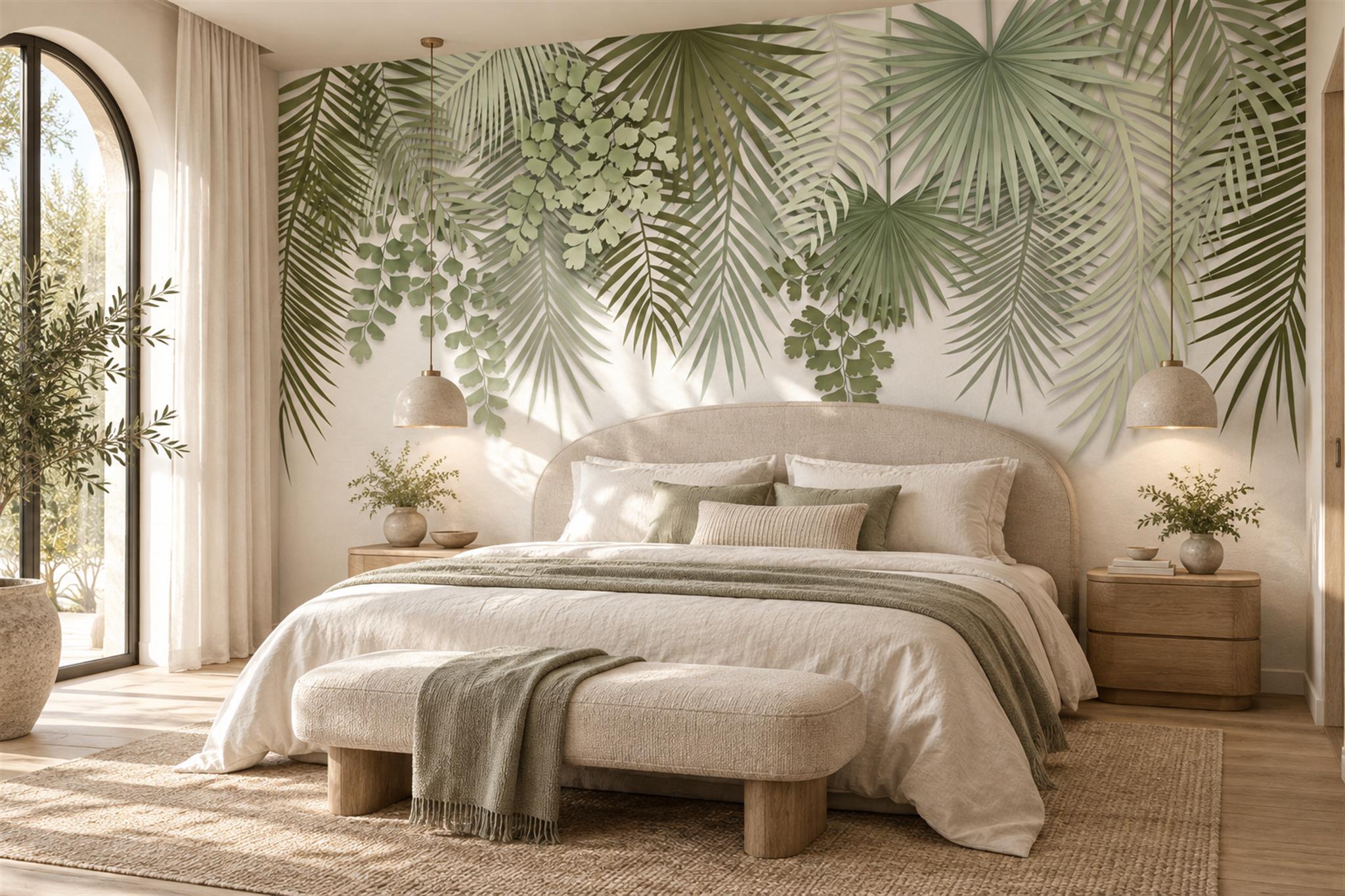 Sage green palm fronds above a curved cream headboard in a sunlit bedroom