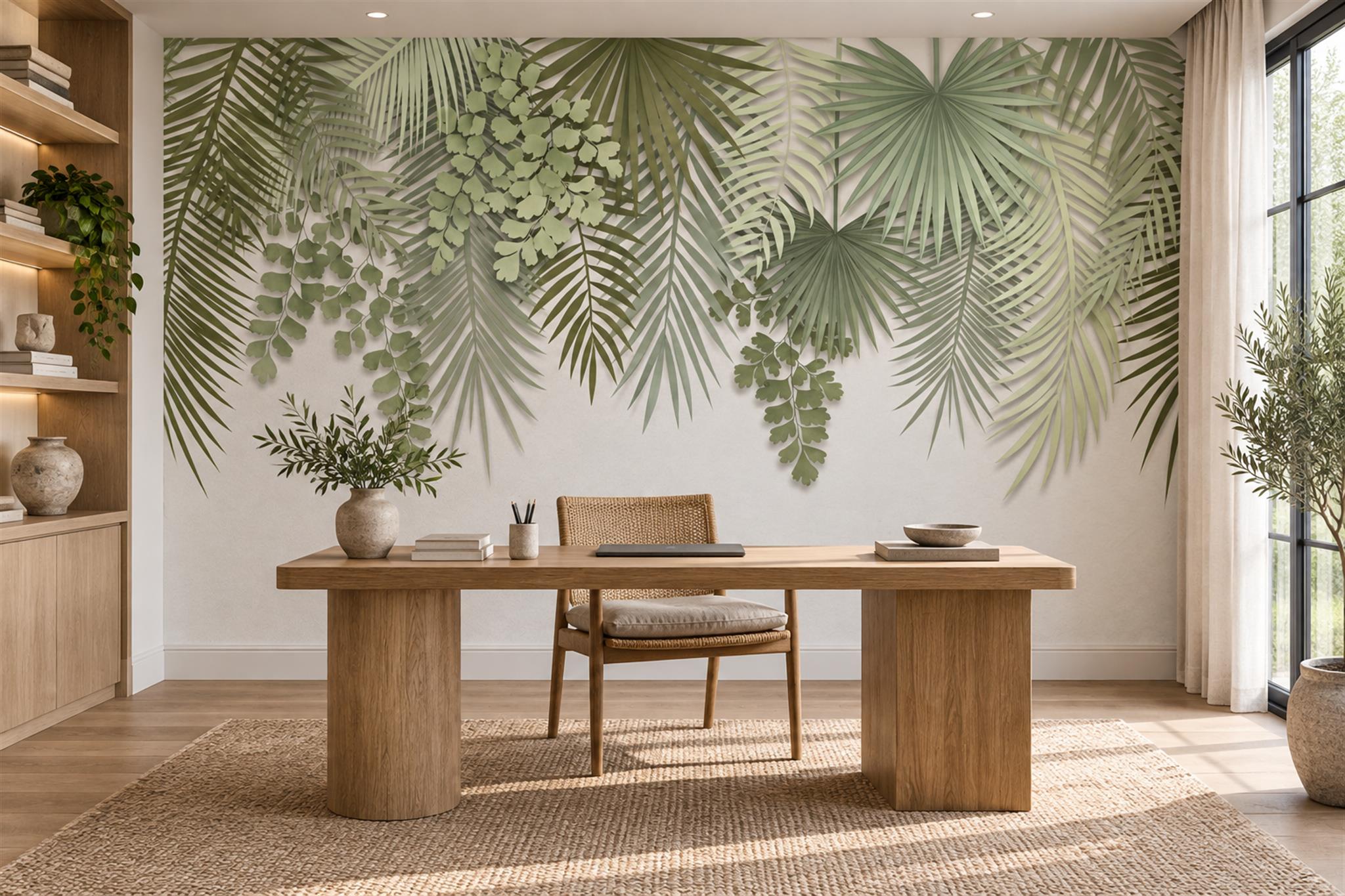 Green Leaf Botanical Organic Wallpaper Mural Home-office-wallpaper-murals, Shown In A Home Office, Peel-and-stick Finish