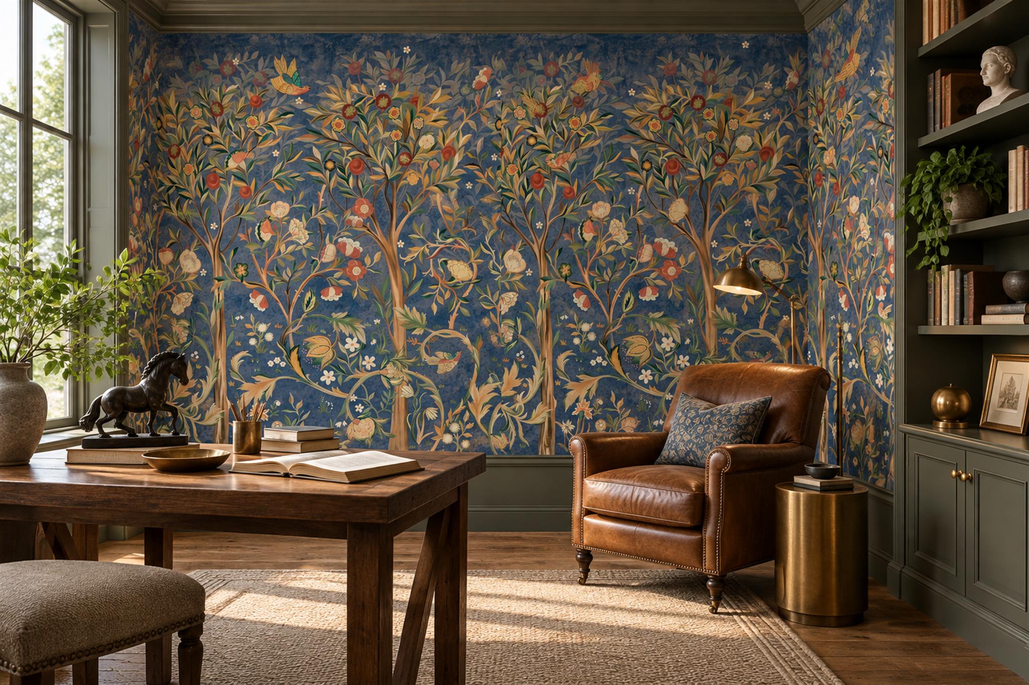 Navy Vintage Artful Textured Wallpaper Mural Home-office-wallpaper-murals, Shown In A Home Office, Peel-and-stick Finish