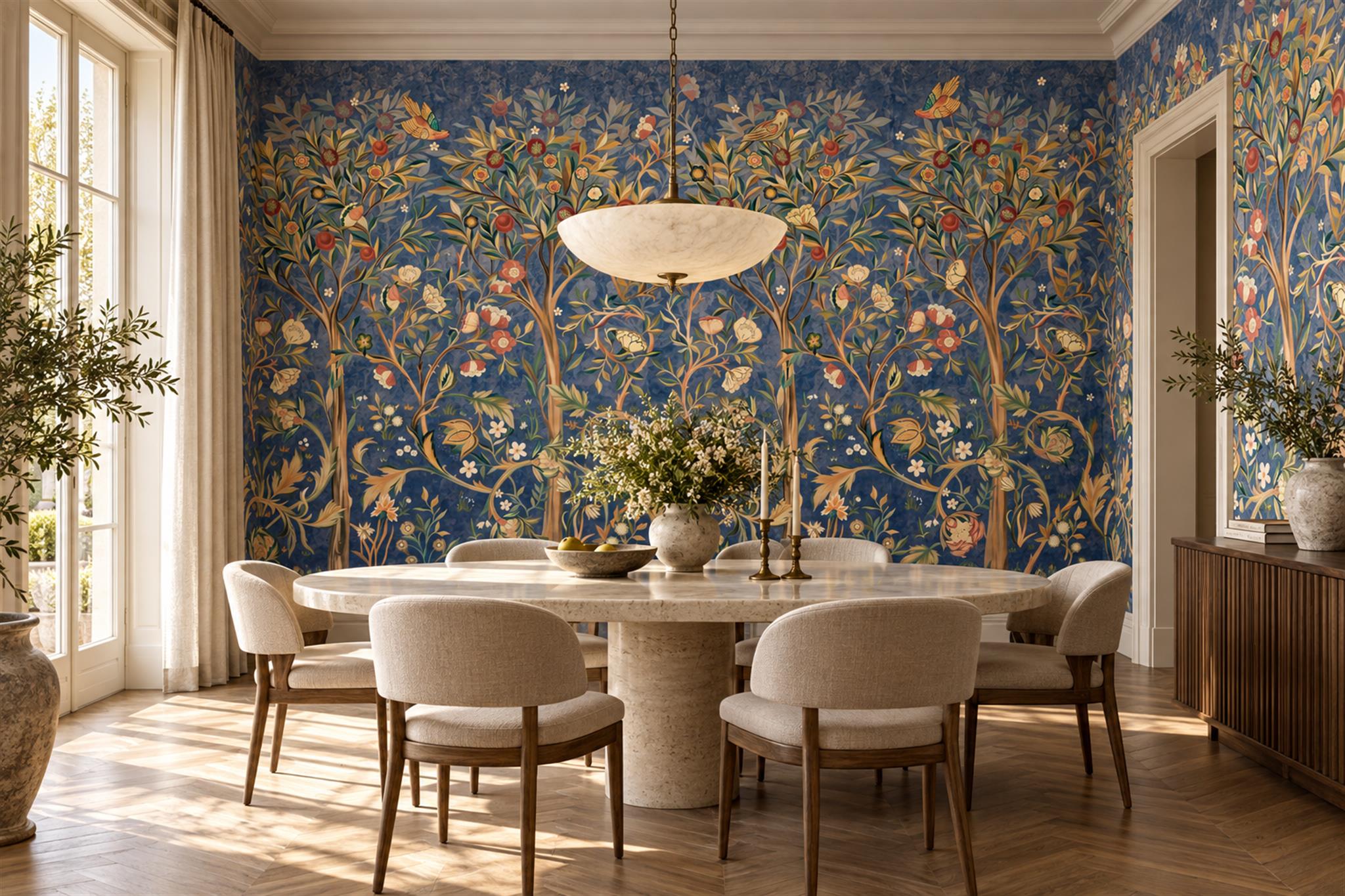Navy Vintage Artful Textured Wallpaper Mural Dining-room-wallpaper-murals, Shown In A Dining Room, Peel-and-stick Finish