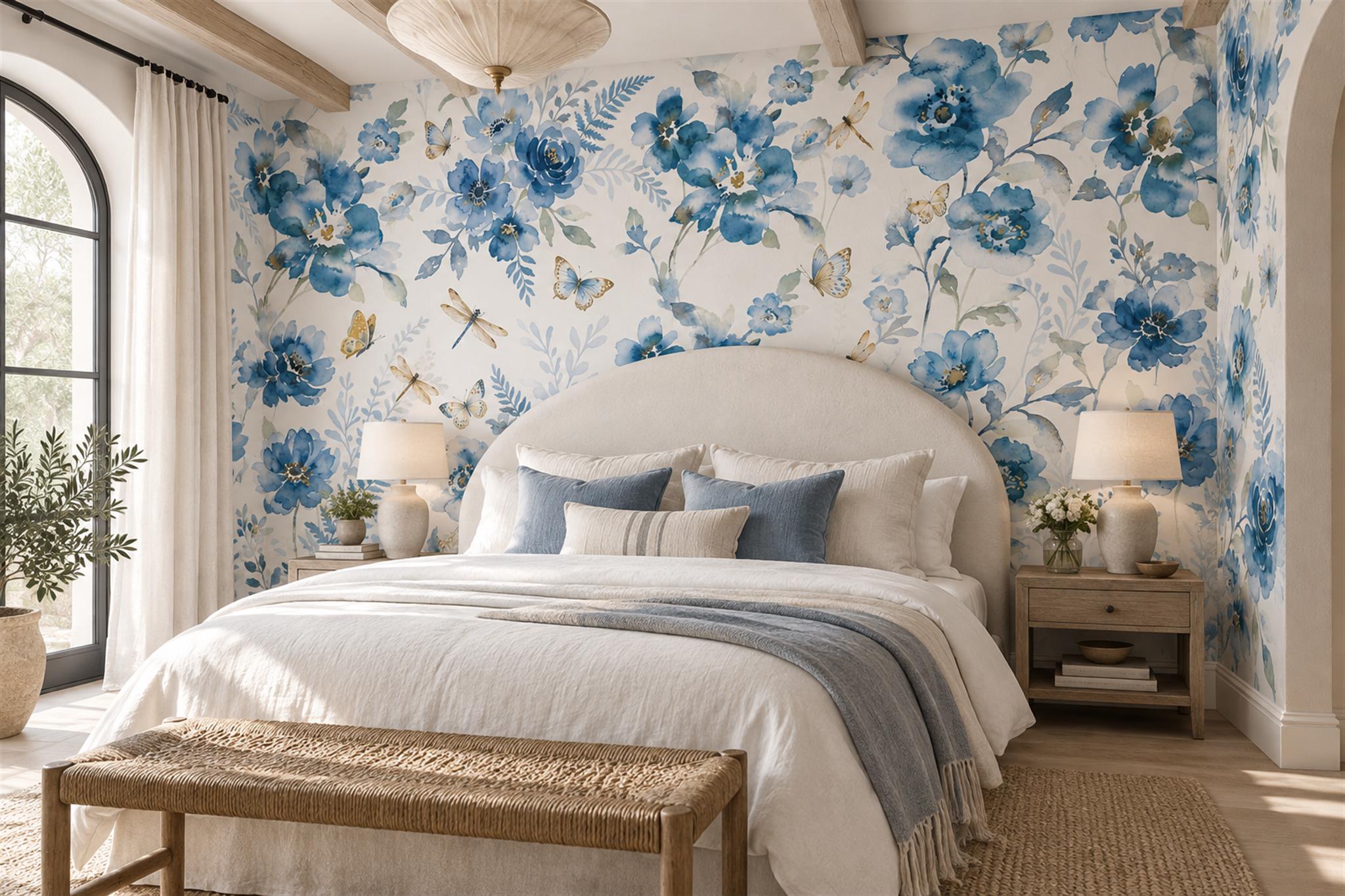 Blue Rose Botanical Abstract Wallpaper Mural Bedroom-wallpaper-murals, Peel-and-stick Finish