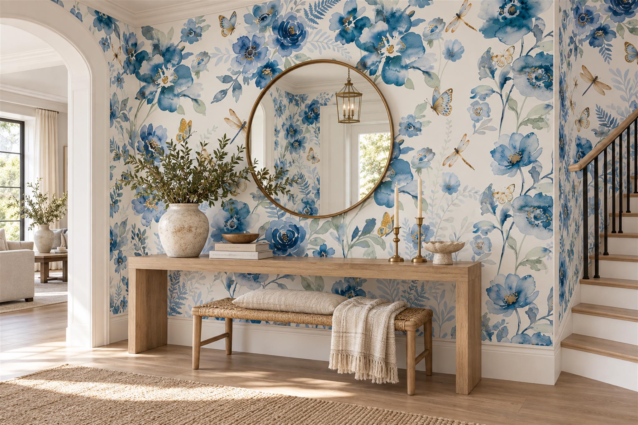 Blue Rose Botanical Abstract Wallpaper Mural Entryway-wallpaper-murals, Peel-and-stick Finish