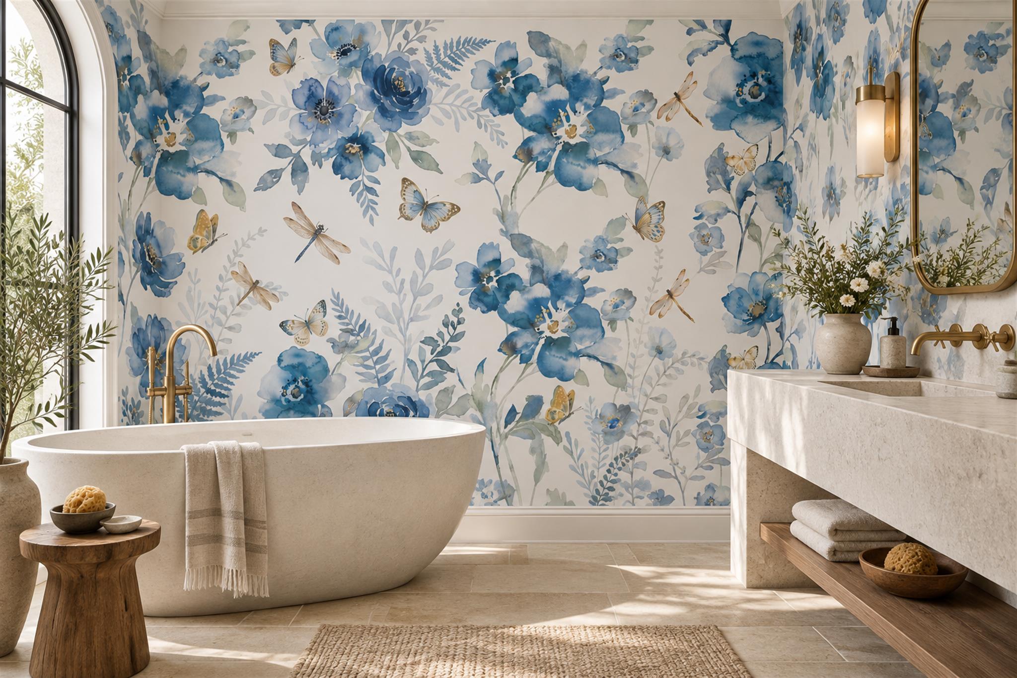 Blue Rose Botanical Abstract Wallpaper Mural Bathroom-wallpaper-murals, Peel-and-stick Finish