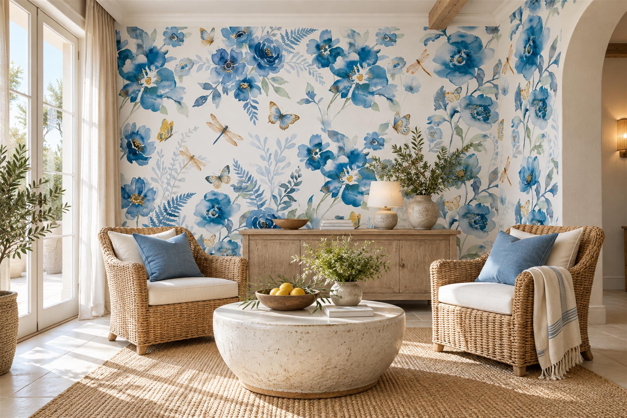 Blue Rose Botanical Abstract Wallpaper Mural Living-room-wallpaper-murals, Peel-and-stick Finish