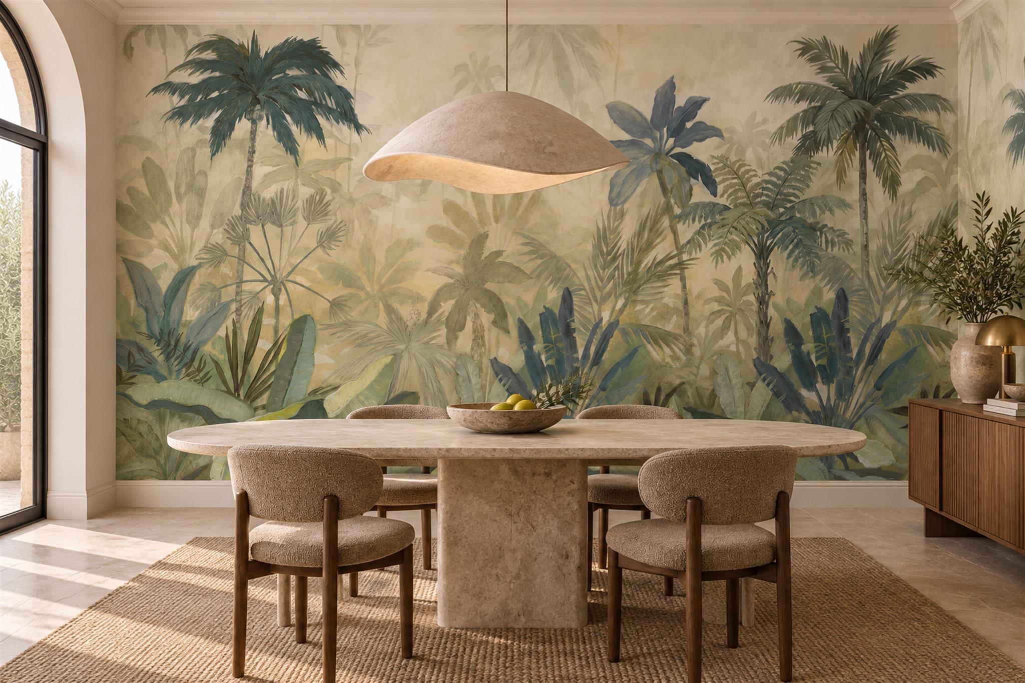 Sage Palm Artful Textured Wallpaper Mural Dining-room-wallpaper-murals, Shown In A Dining Room, Peel-and-stick Finish